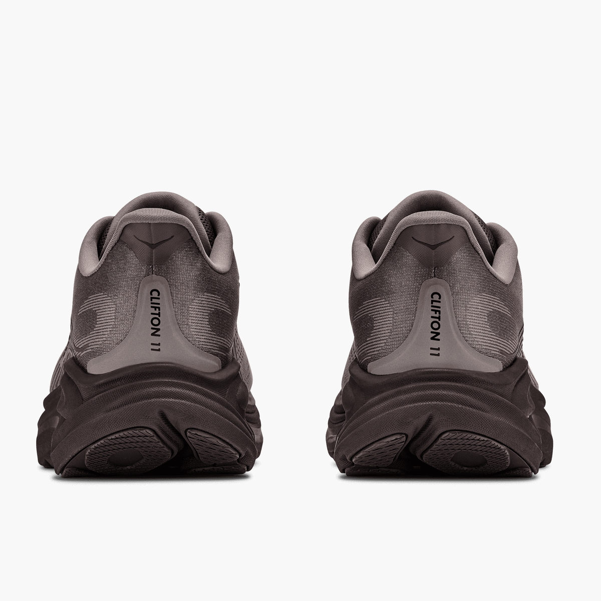 Heel angle shot of Men's Clifton 11 in Boulder Grey / Pebble Grey