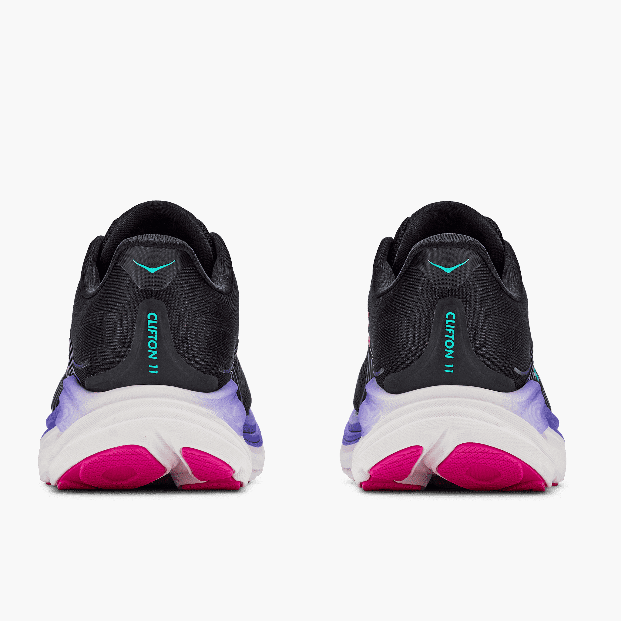Heel angle shot of Women's Clifton 11 in Black / Neon Nebula