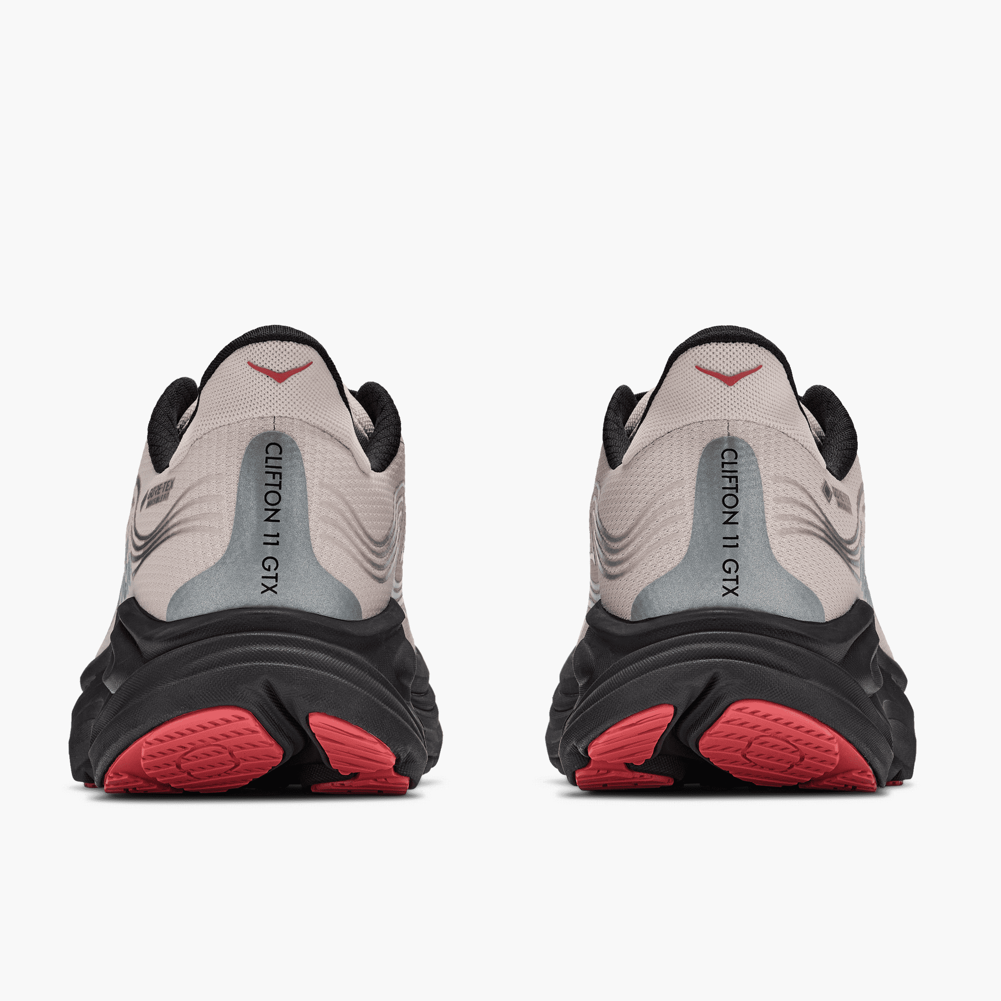 Heel angle shot of Men's Clifton 11 Gore-Tex in River Rock Grey / Carbon Black