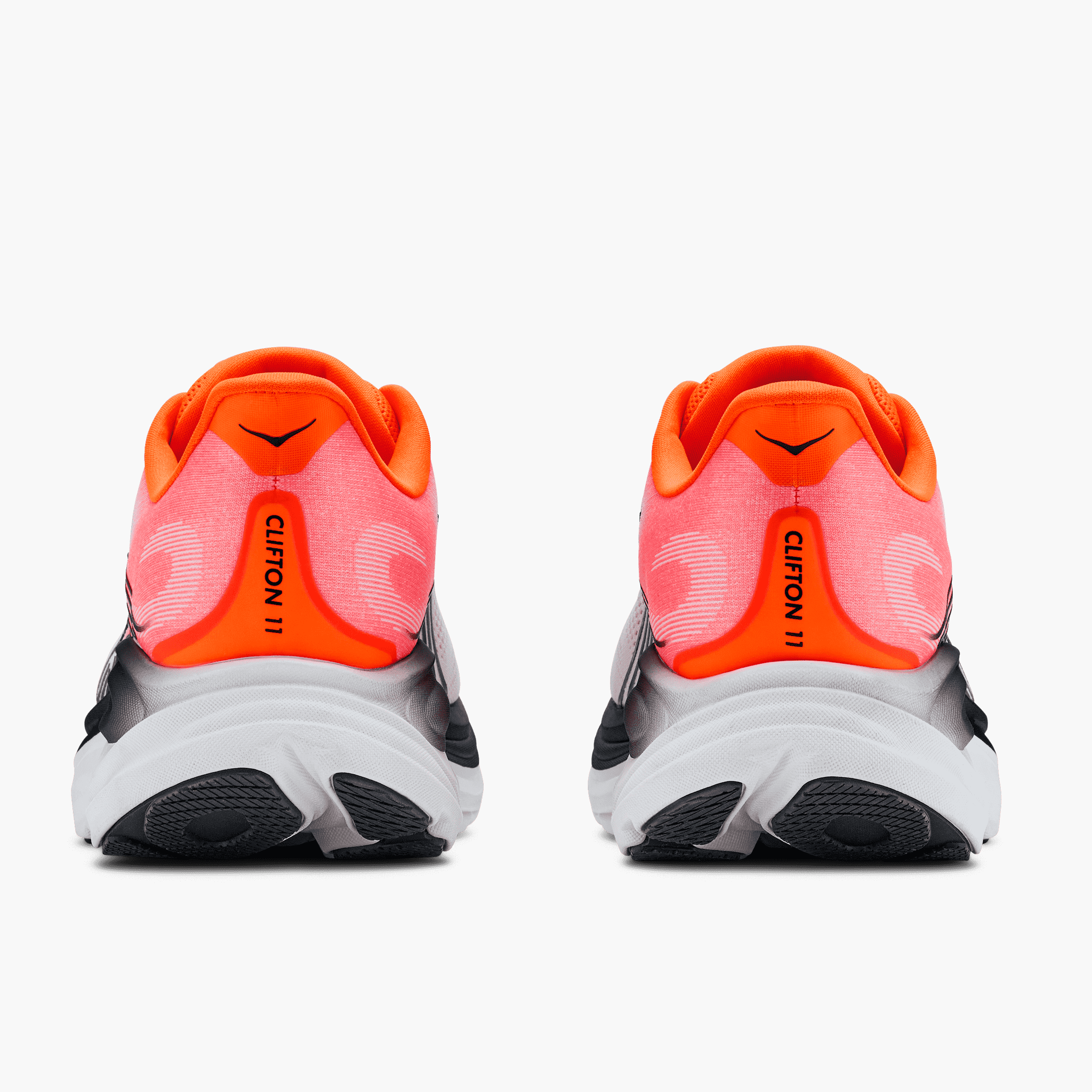 Heel angle shot of Men's Clifton 11 in Neon Tangerine / Frost