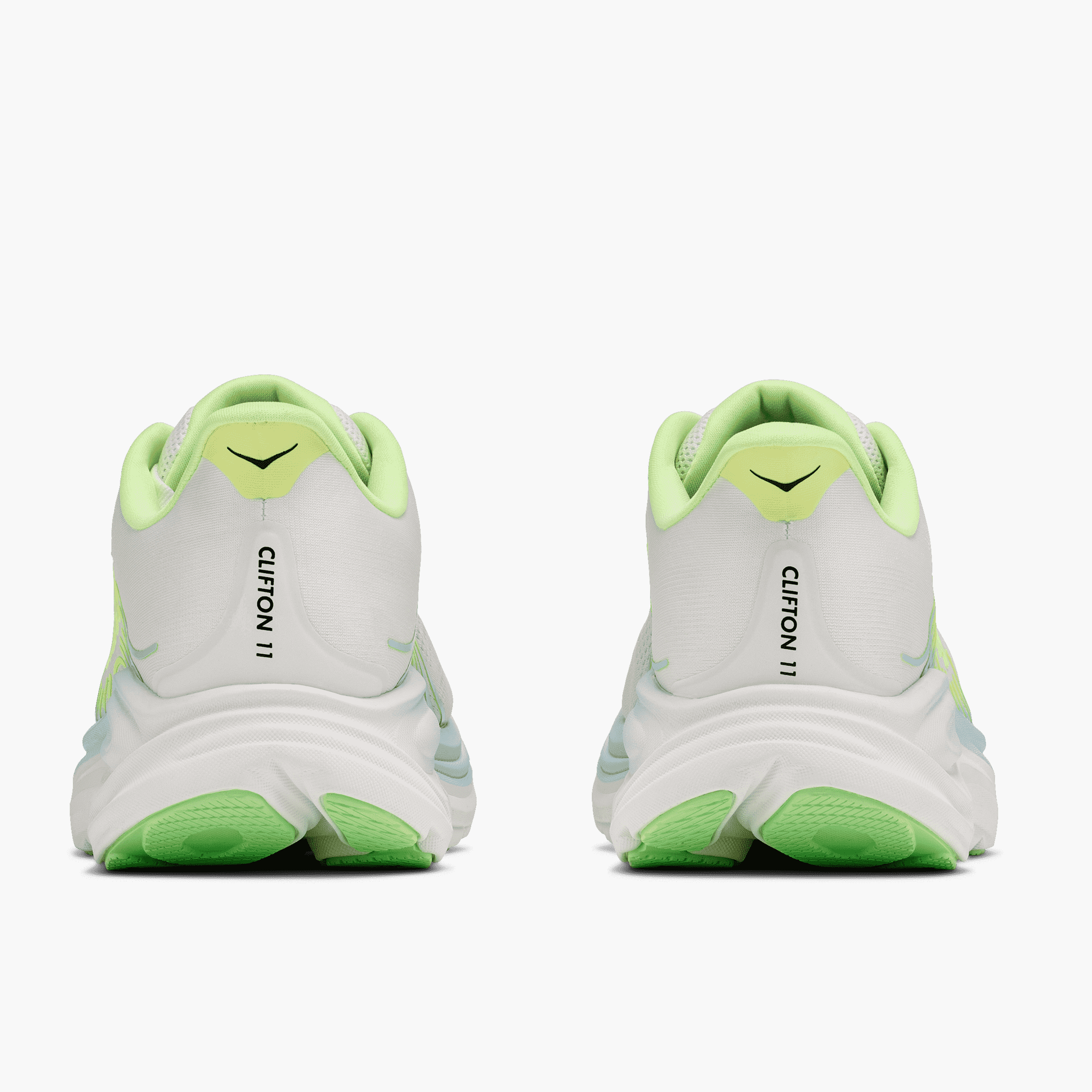 Heel angle shot of Women's Clifton 11 in Frost / Neon Yuzu