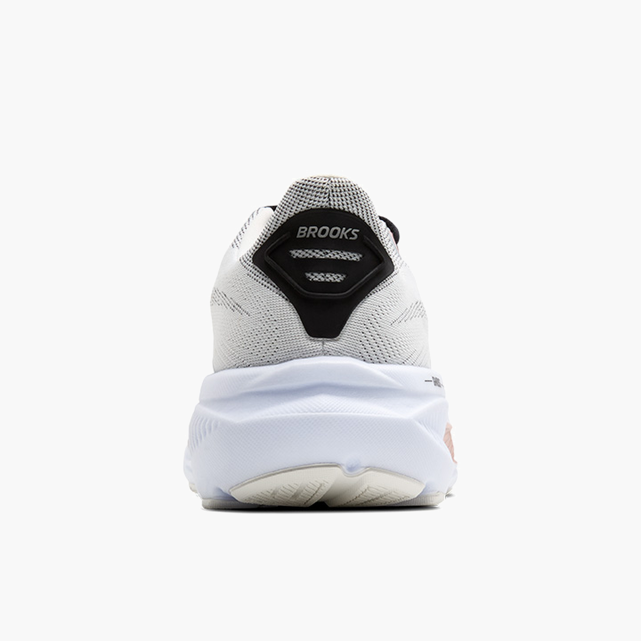 Heel angle shot of Women's Ghost 17 in White / Black / Rose Gold