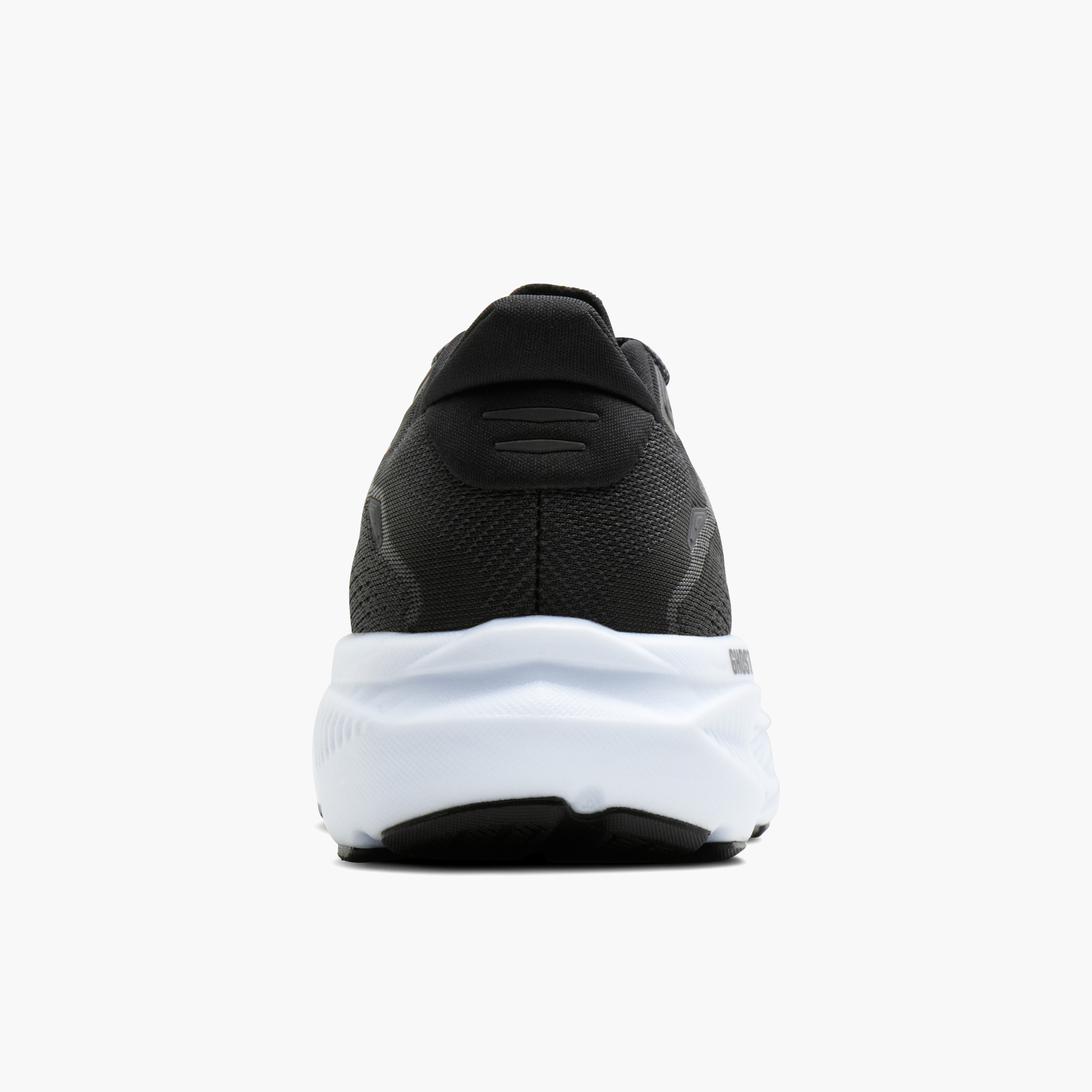 Heel angle shot of Women's Ghost 18 in Black / Grey / White