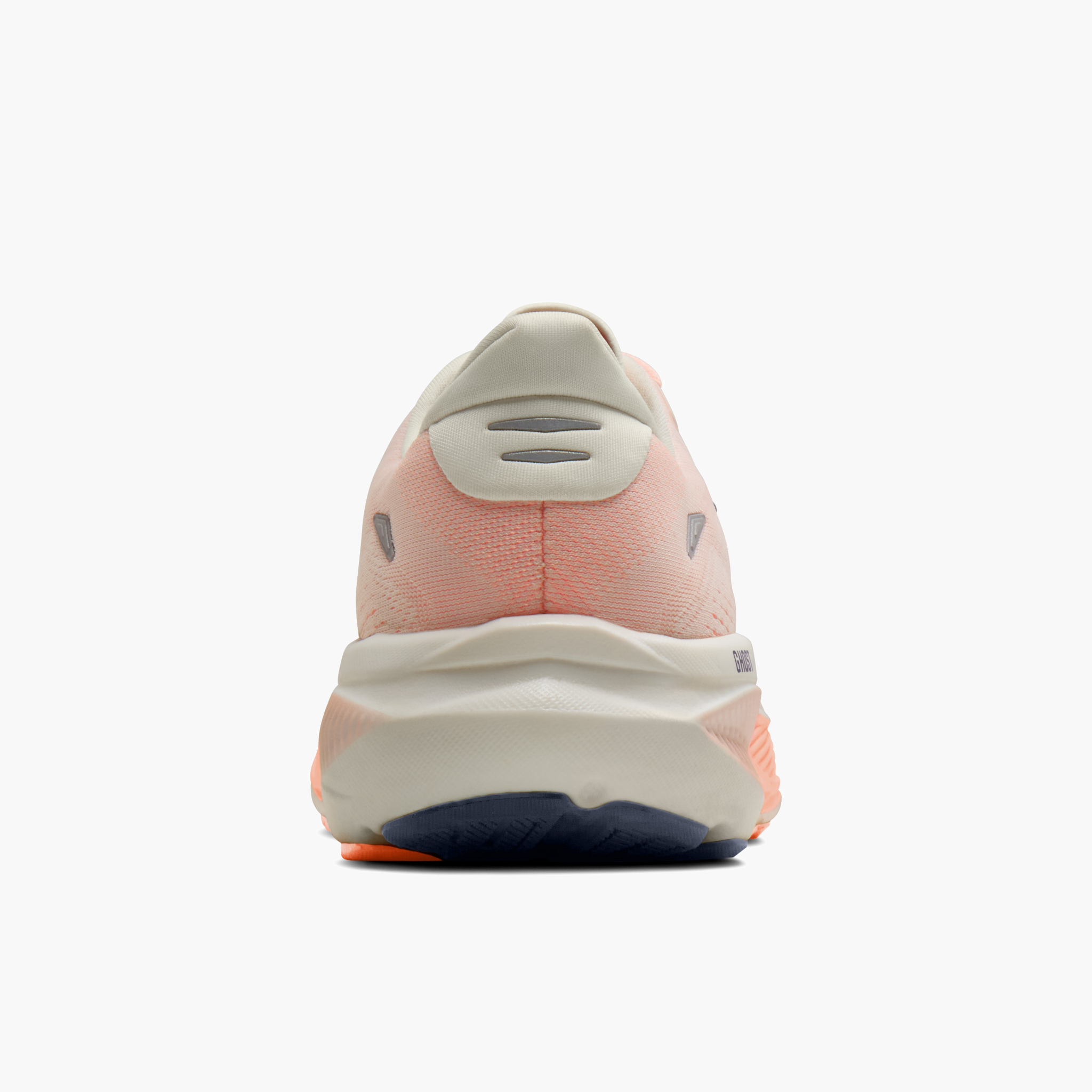 Heel angle shot of Women's Ghost 18 in Star White / Cyber Peach / Grey