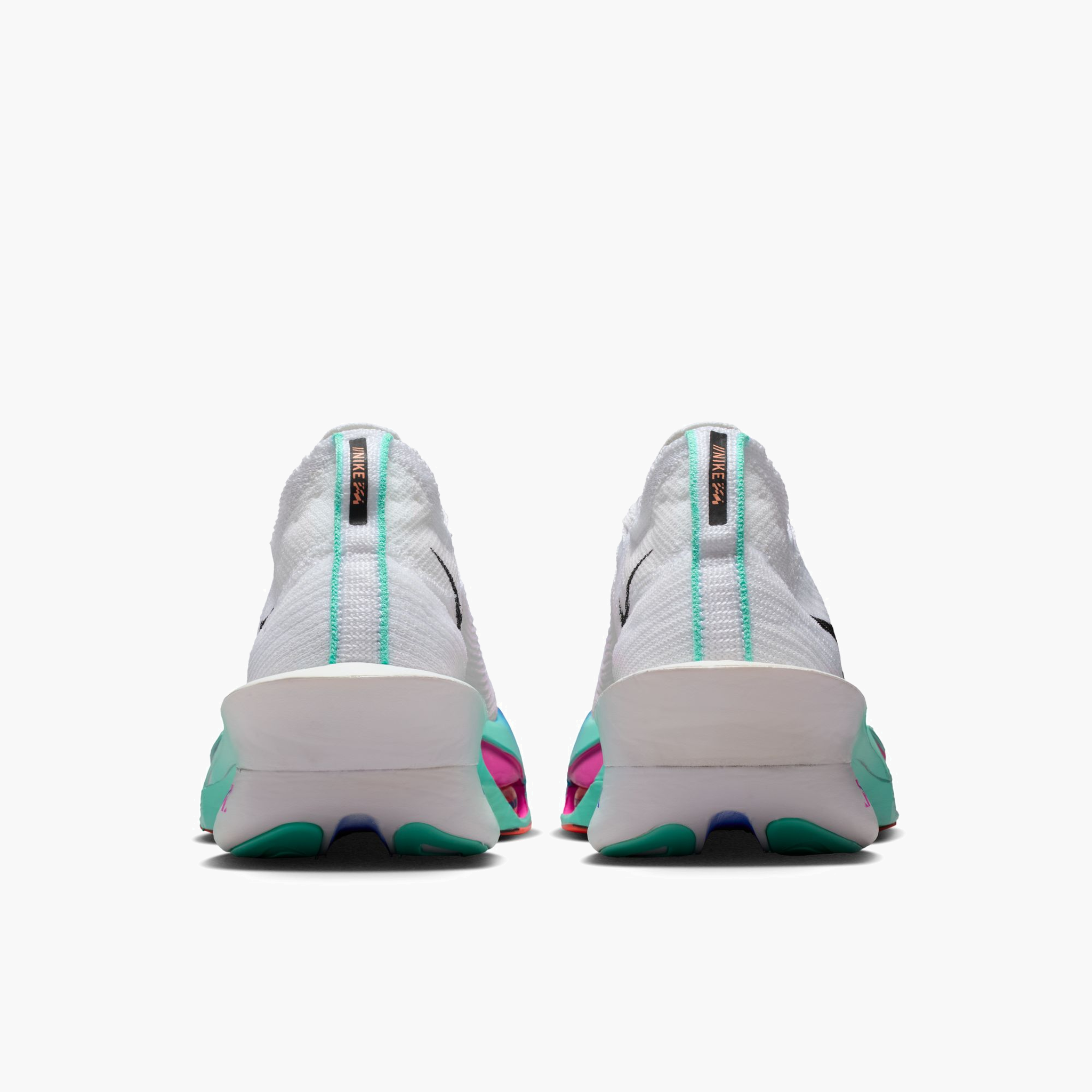 Heel angle shot of Men's Alphafly 3 in White / Black-Hyper Turq-Concord