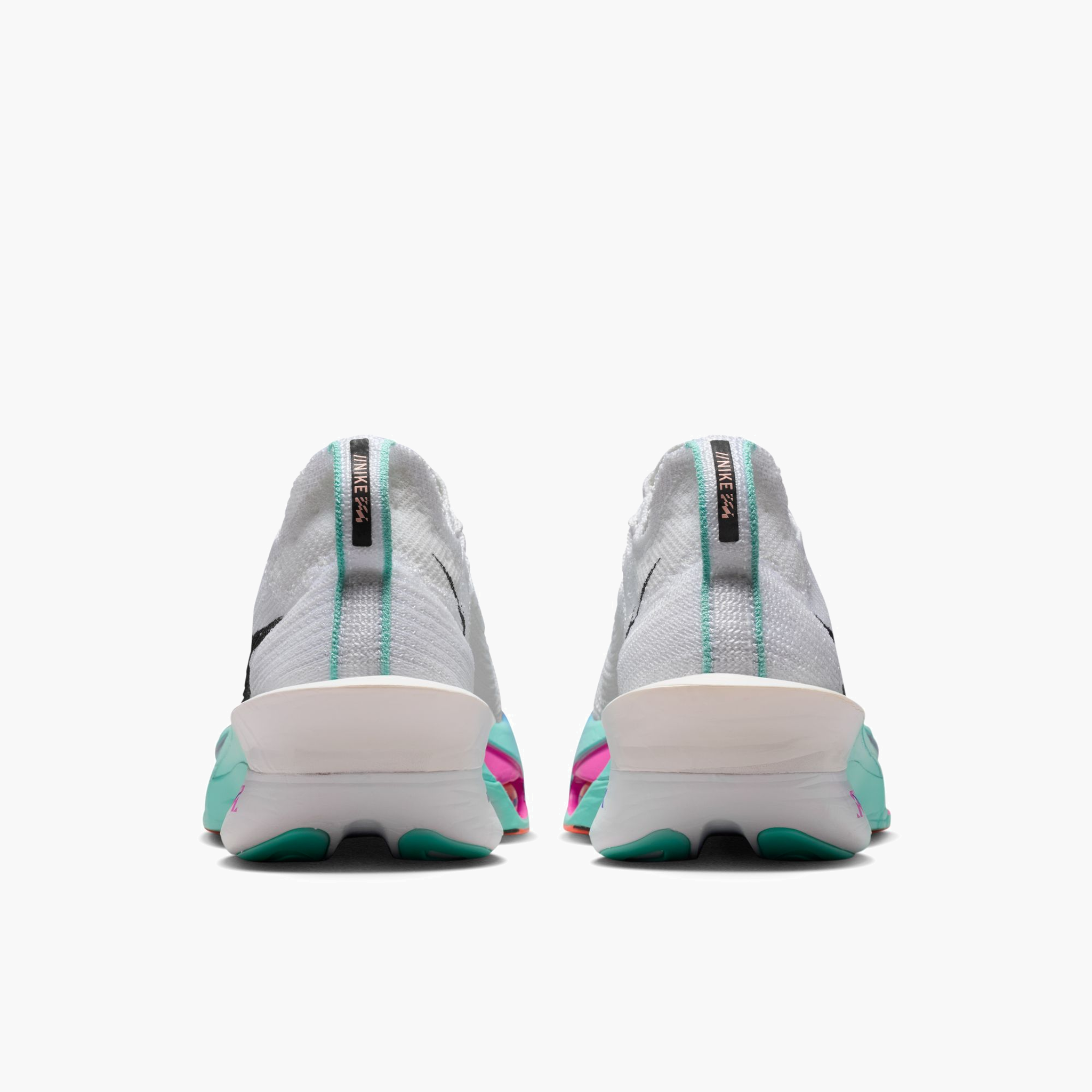 Heel angle shot of Women's Alphafly 3 in White / Black-Hyper Turq-Concord