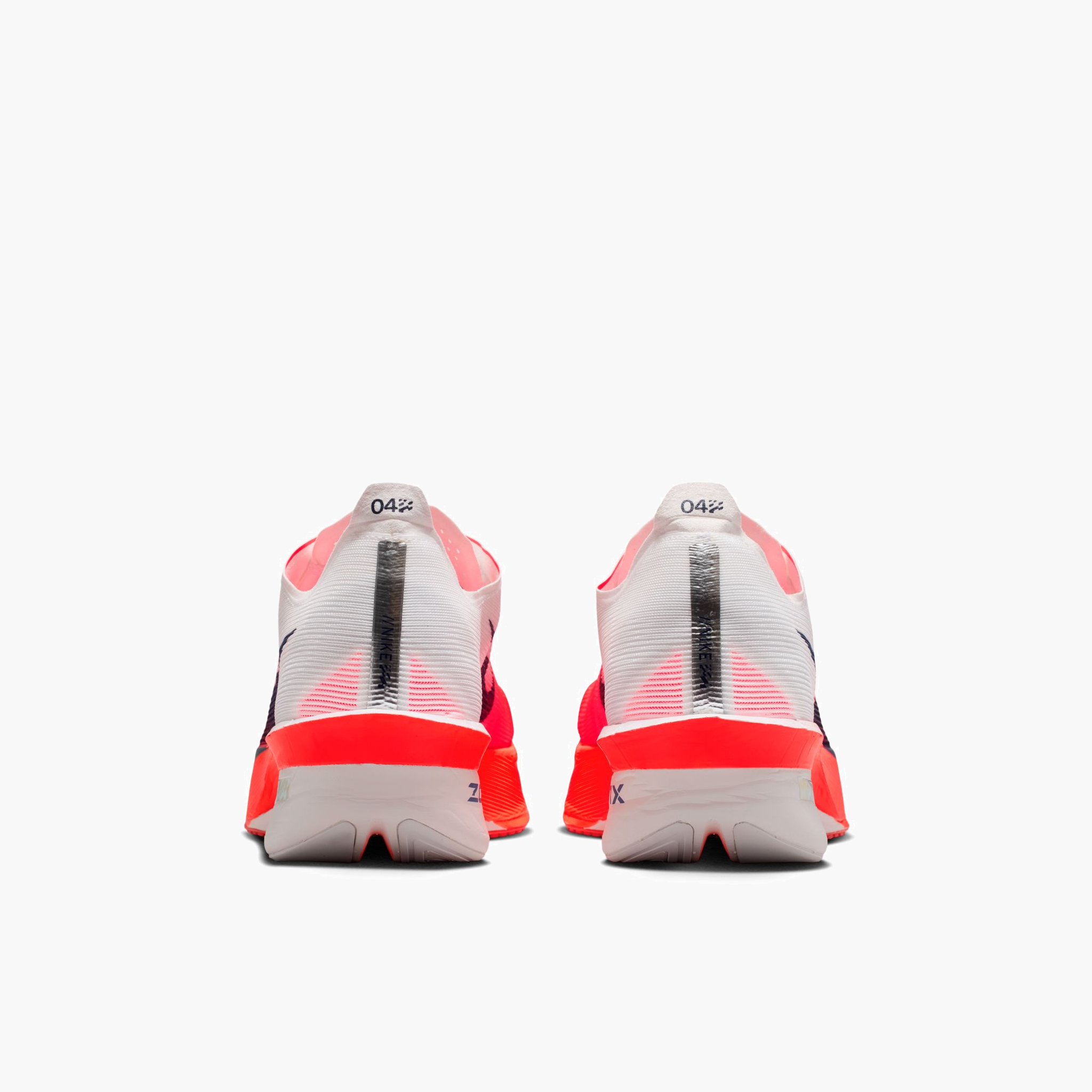 Heel angle shot of Men's Vaporfly 4 in White / Midnight Navy-Bright Crimson