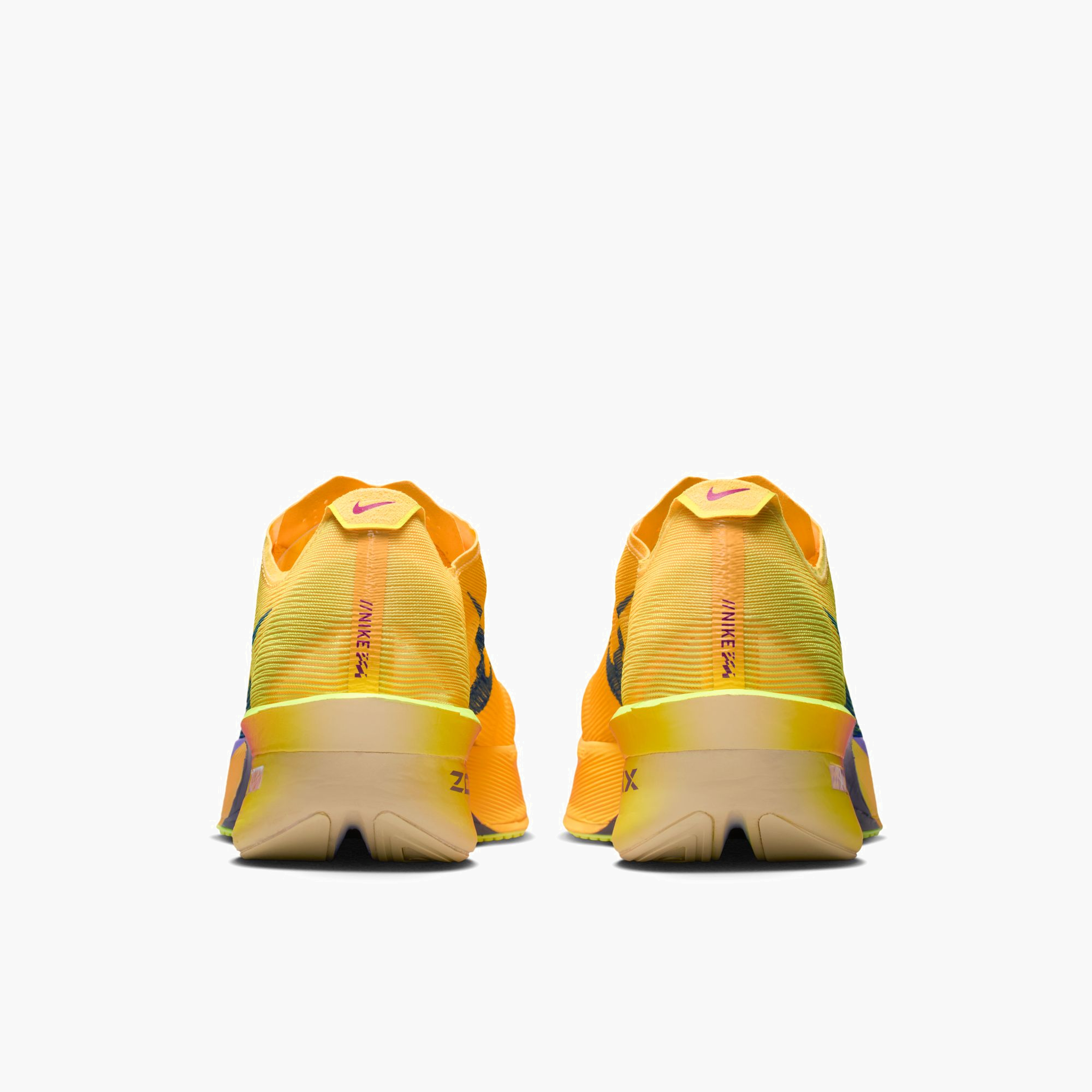 Heel angle shot of Men's Vaporfly 4 in Citron Pulse / Indigo Burst-Laser Orange