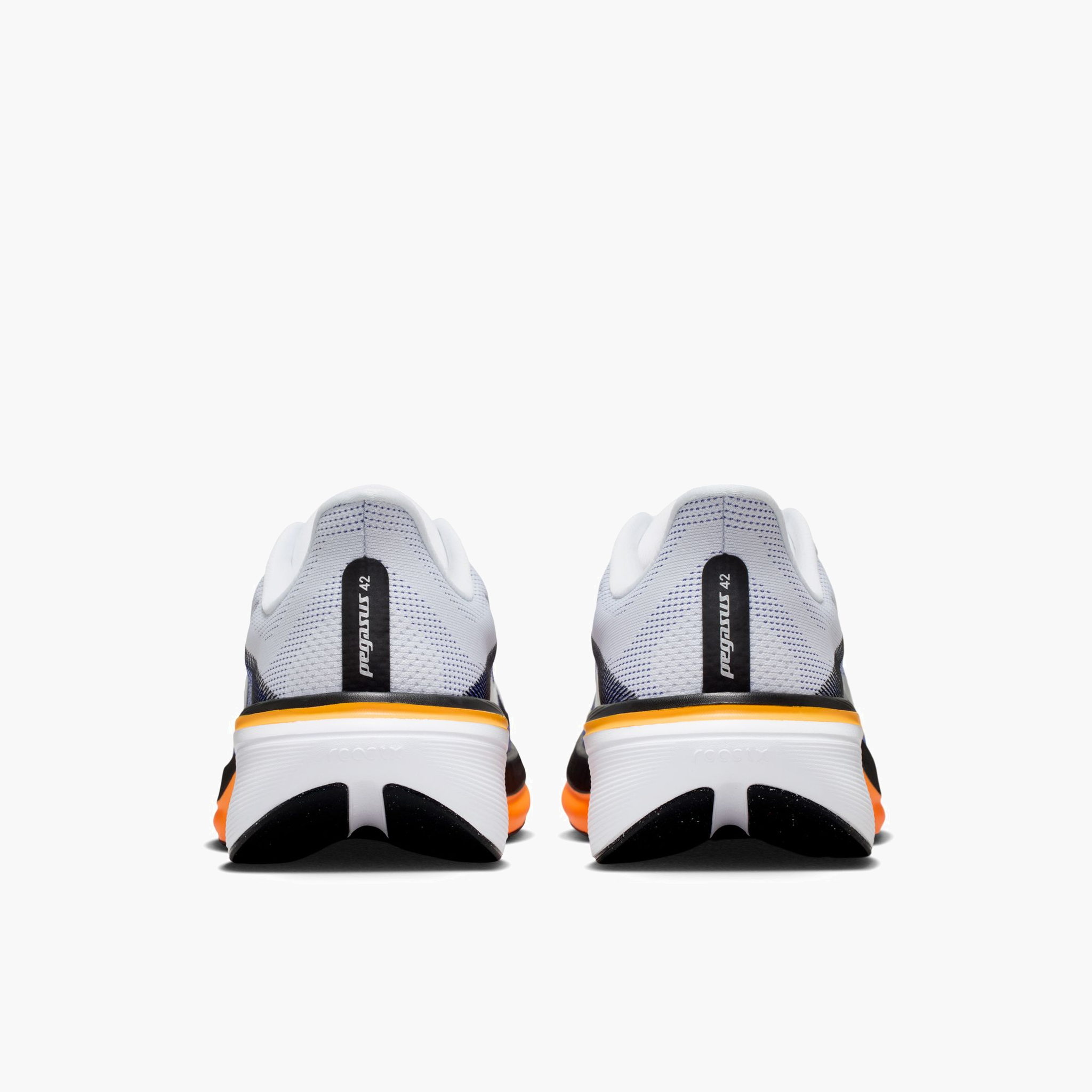 Heel angle shot of Men's Pegasus 42 in White / Metallic Silver-Lapis-Total Orange