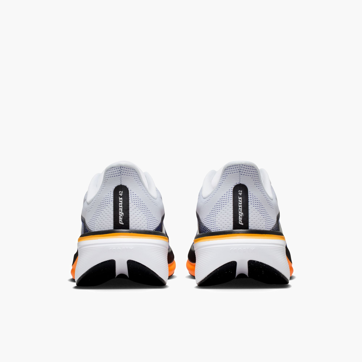 Heel angle shot of Men's Pegasus 42 in White / Metallic Silver-Lapis-Total Orange