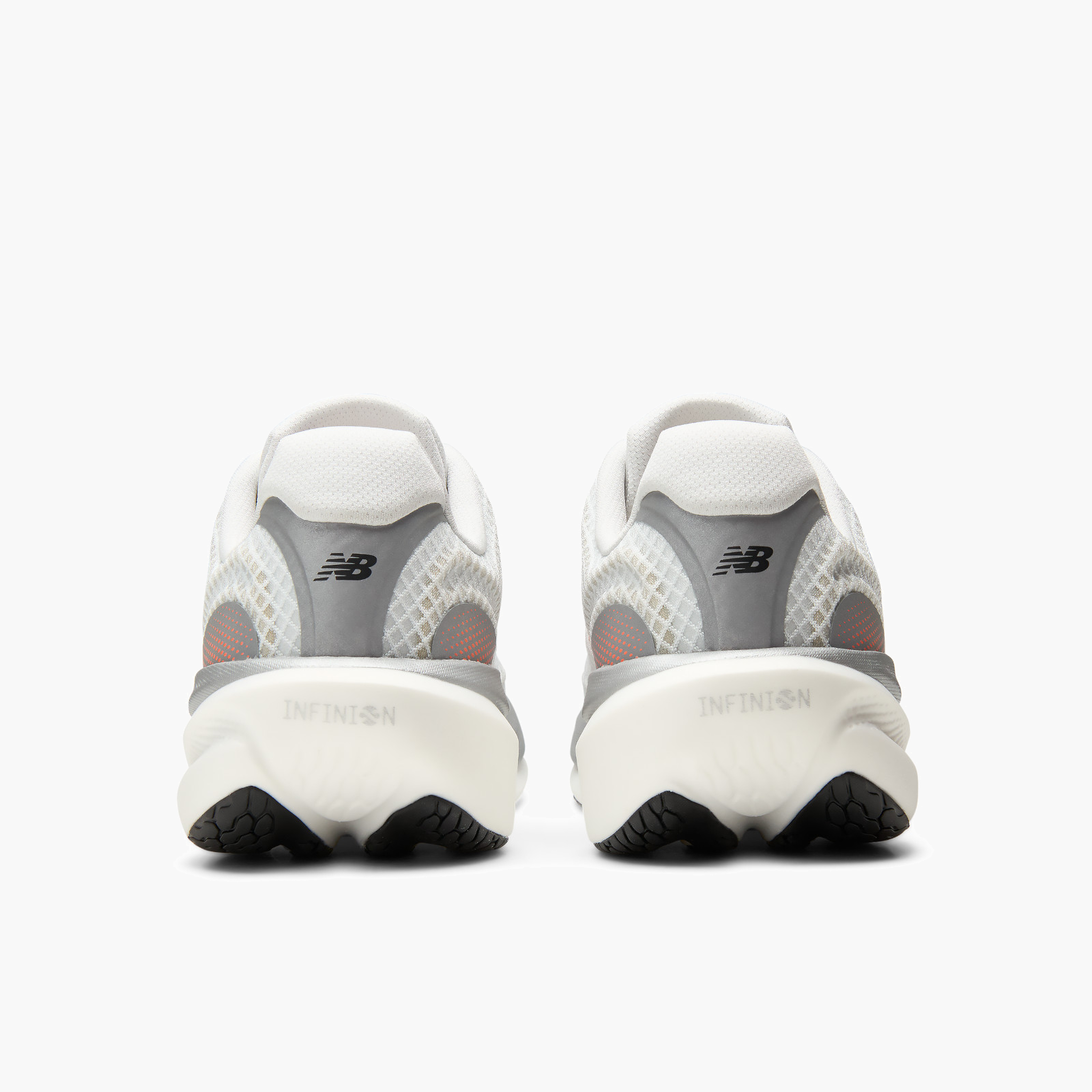 Heel angle shot of Men's 1080 v15 in White / Pinkheat / Tangerineheat