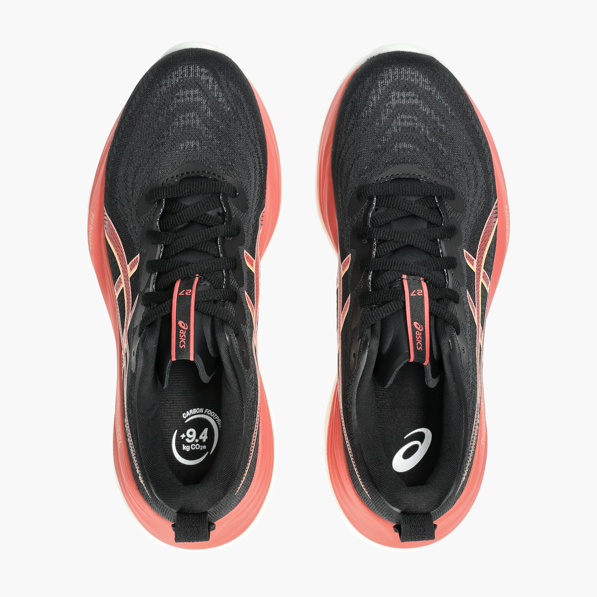 Overhead angle shot of Women's Gel-Cumulus 27 in Black / Orange Glow