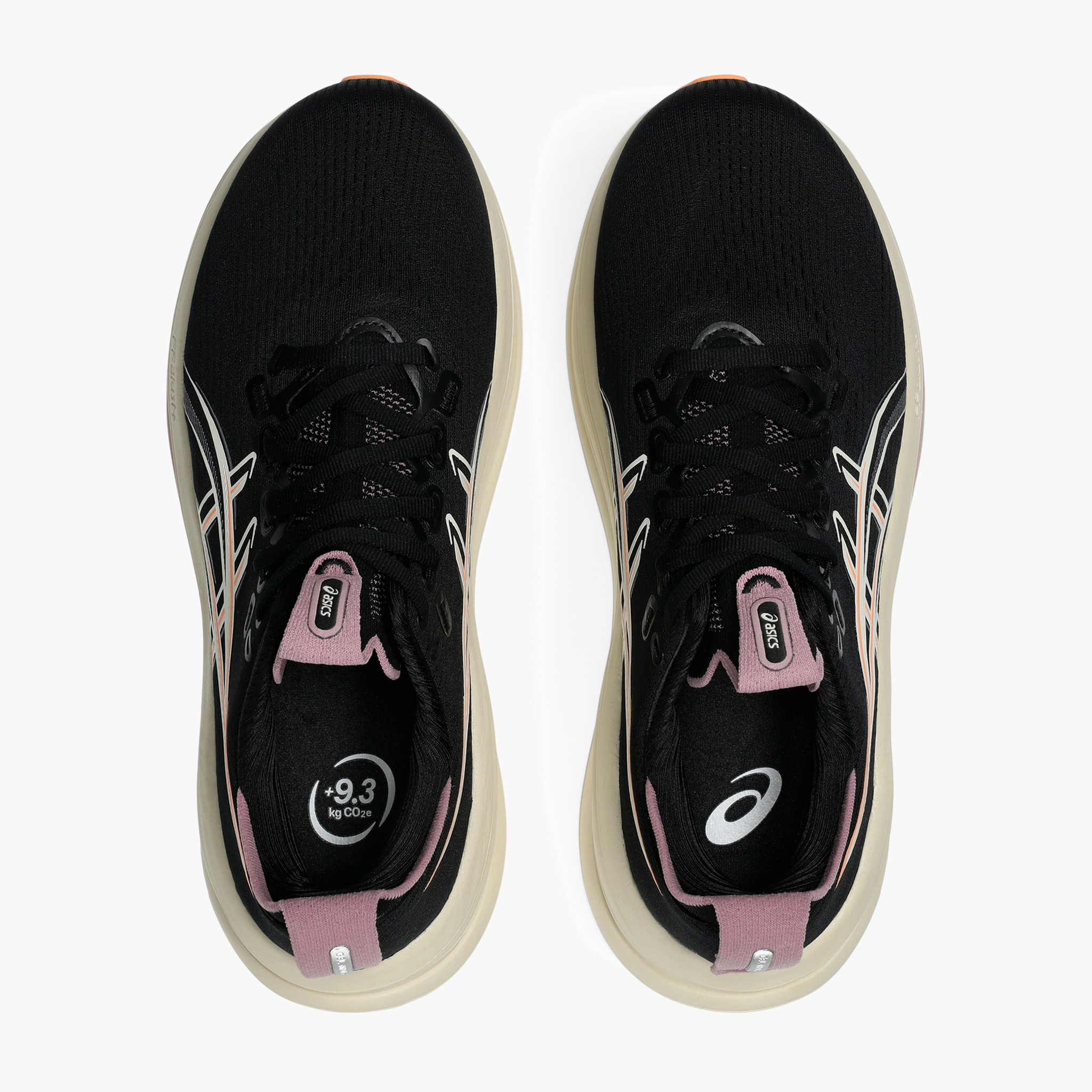 Overhead angle shot of Women's Gel-Nimbus 28 in Black / Taro Purple