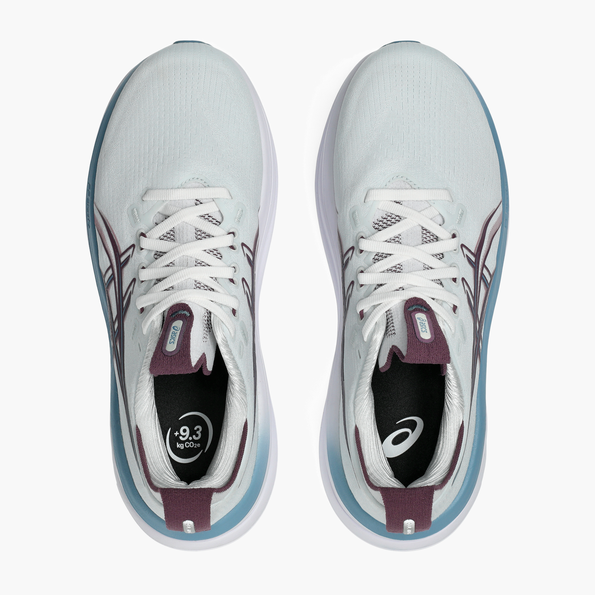Overhead angle shot of Women's Gel-Nimbus 28 in Arctic Blue / Velvet Purple
