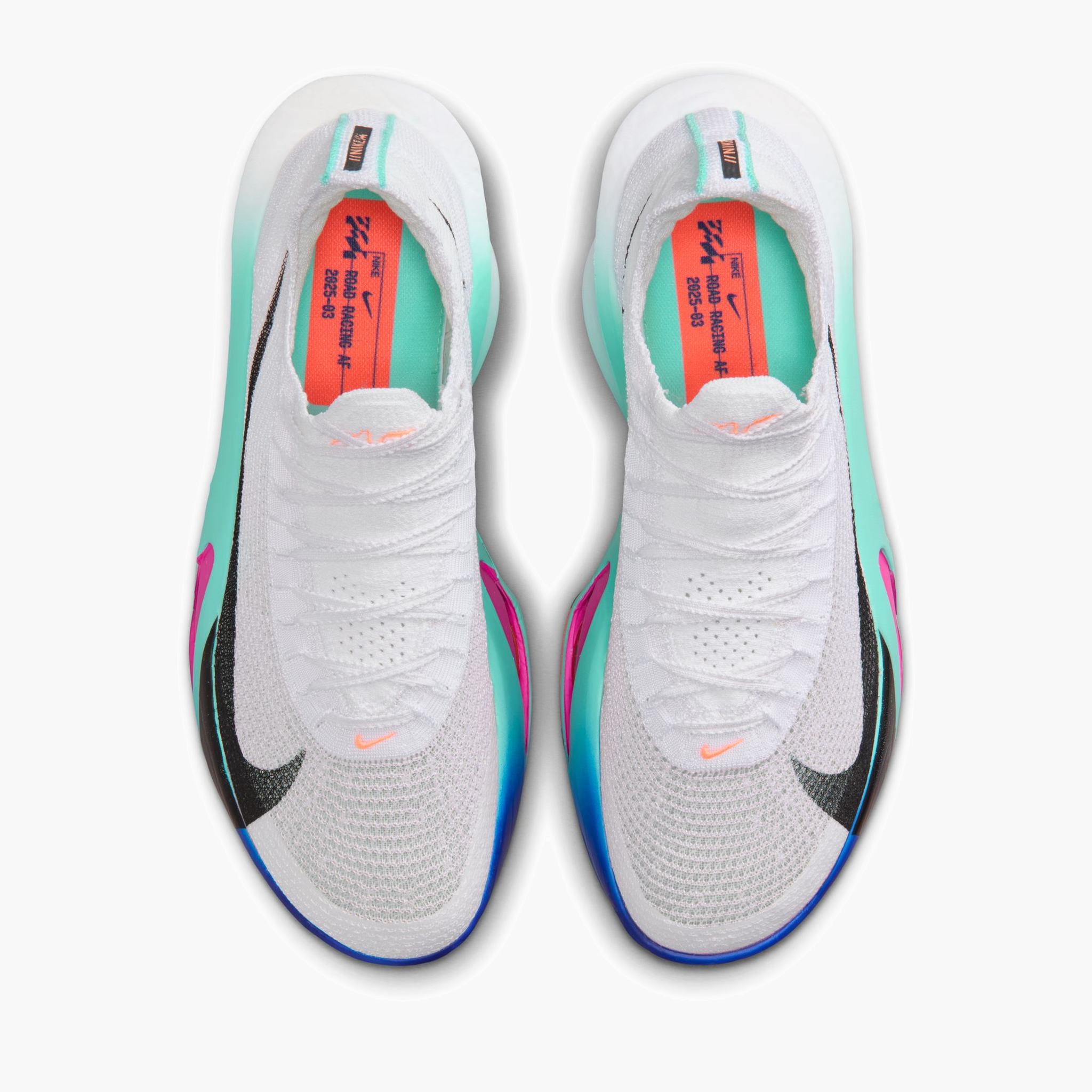 Overhead angle shot of Men's Alphafly 3 in White / Black-Hyper Turq-Concord
