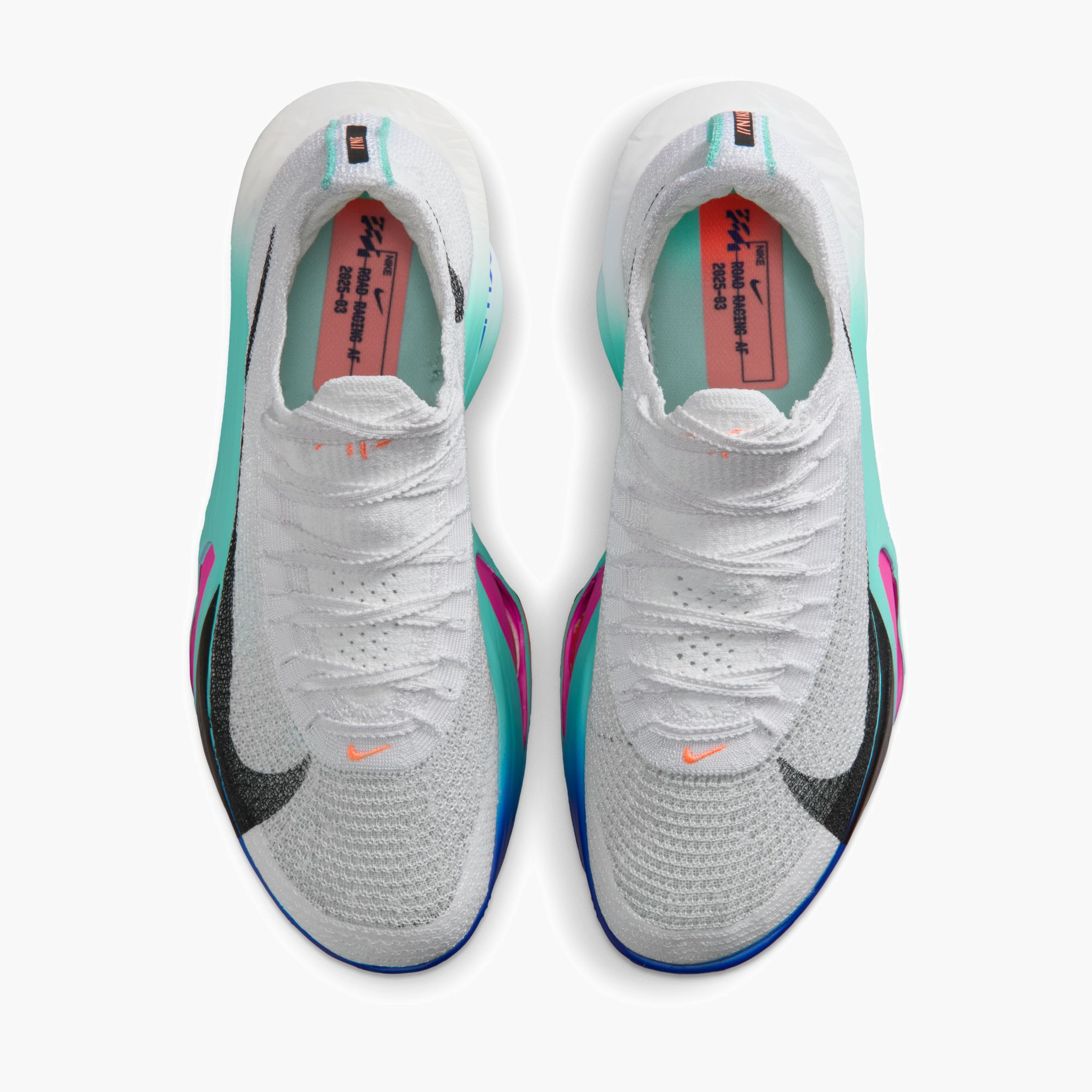 Overhead angle shot of Women's Alphafly 3 in White / Black-Hyper Turq-Concord