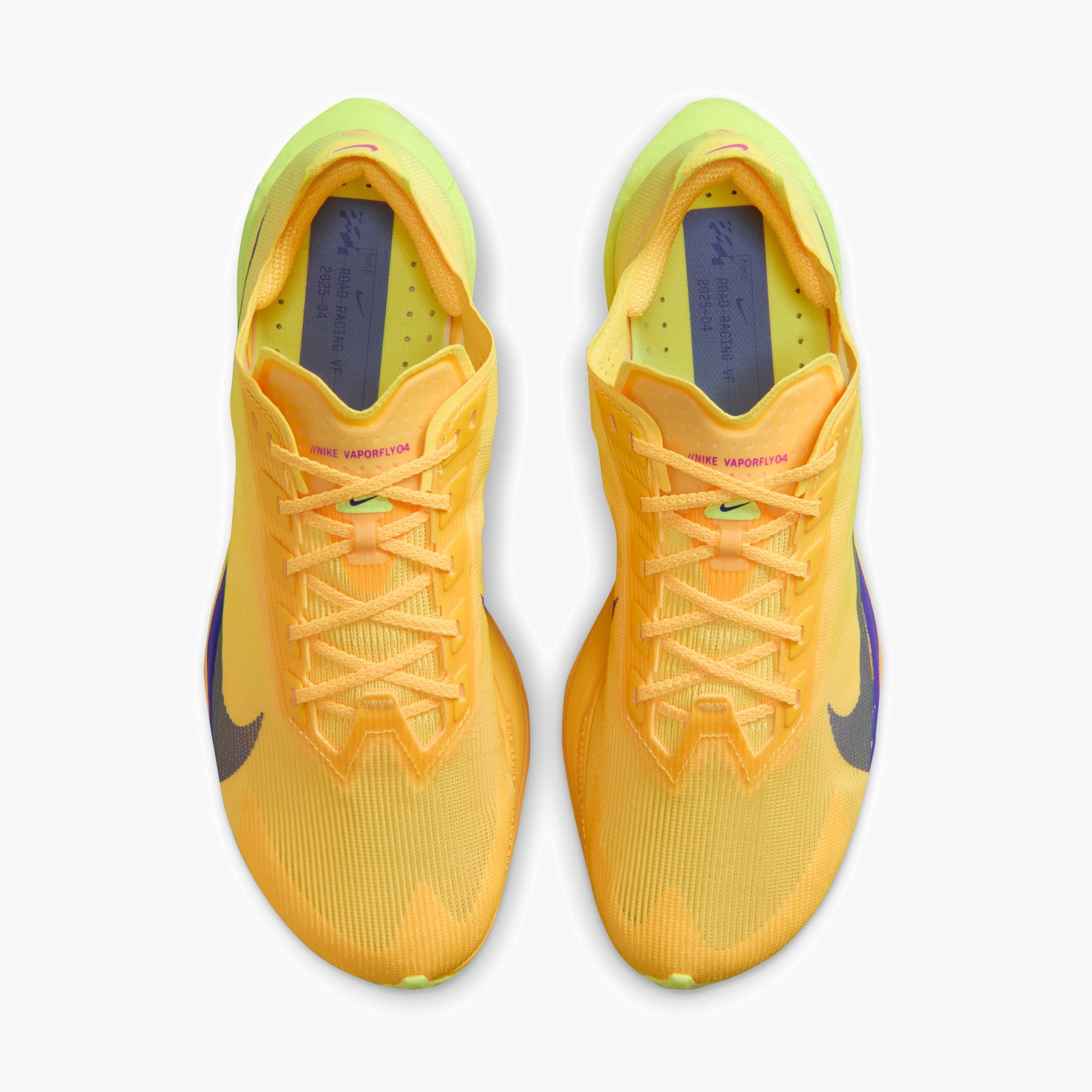 Overhead angle shot of Women's Vaporfly 4 in Citron Pulse / Indigo Burst-Laser Orange