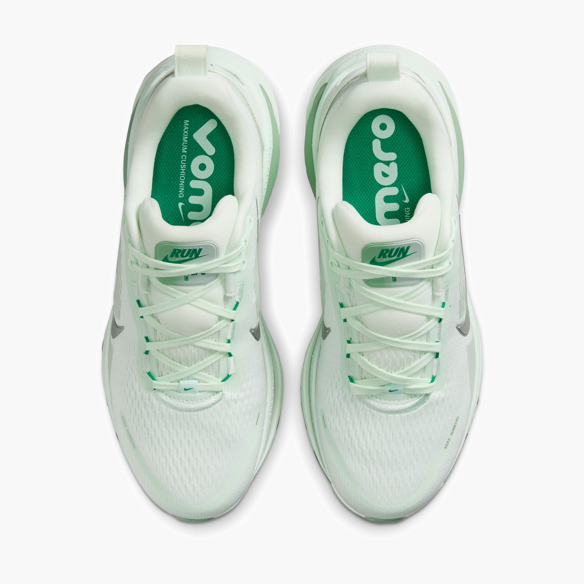 Overhead angle shot of Women's Vomero 18 in Barely Green / Metallic Silver-Steam