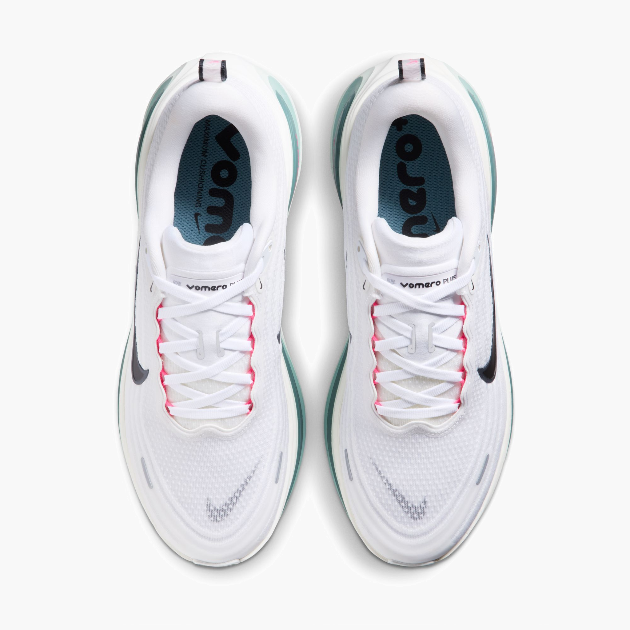 Overhead angle shot of Men's Vomero Plus in White / Black-Mineral Slate-Hyper Pink