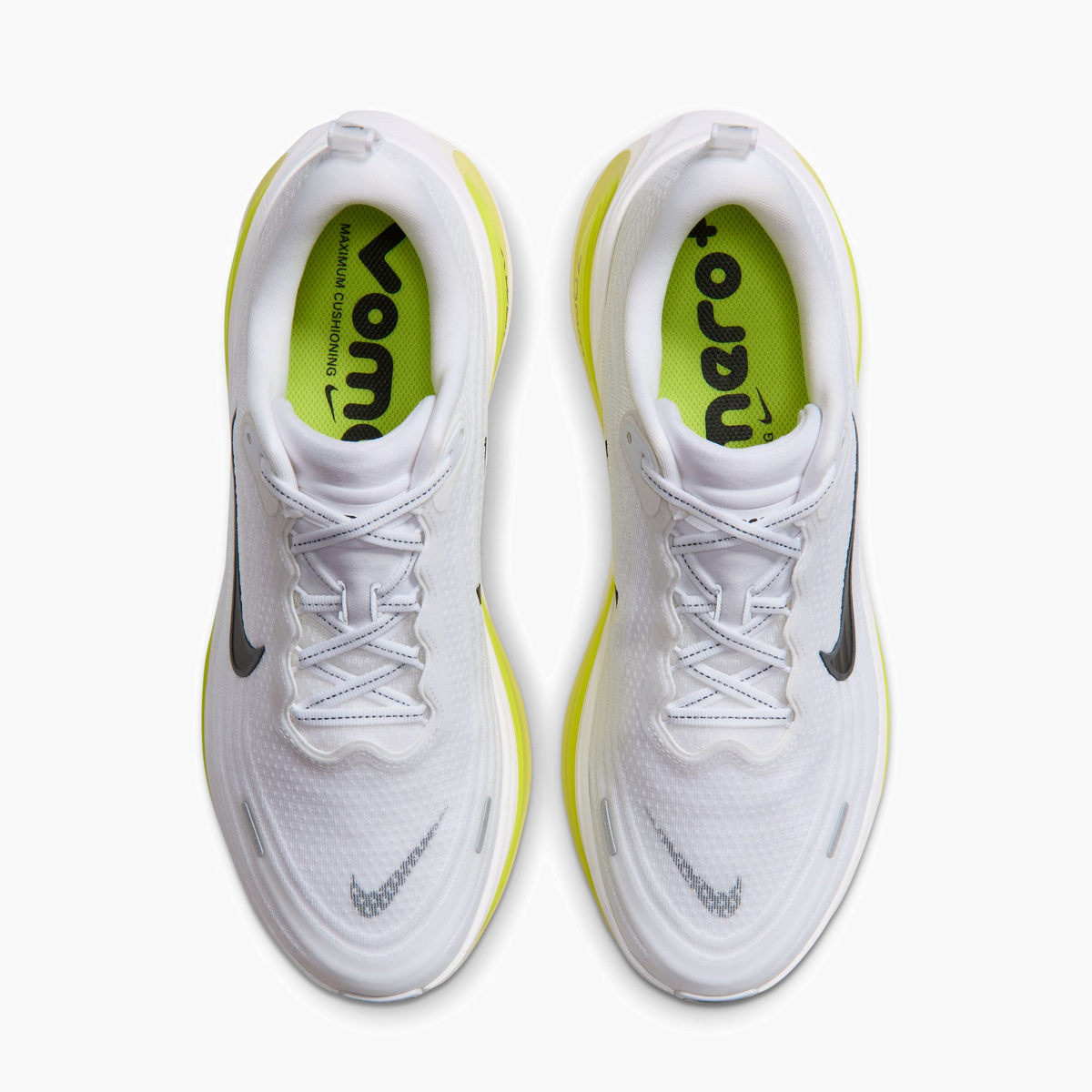 Overhead angle shot of Men's Vomero Plus in White / Black-Lemon Venom-Electric Yellow