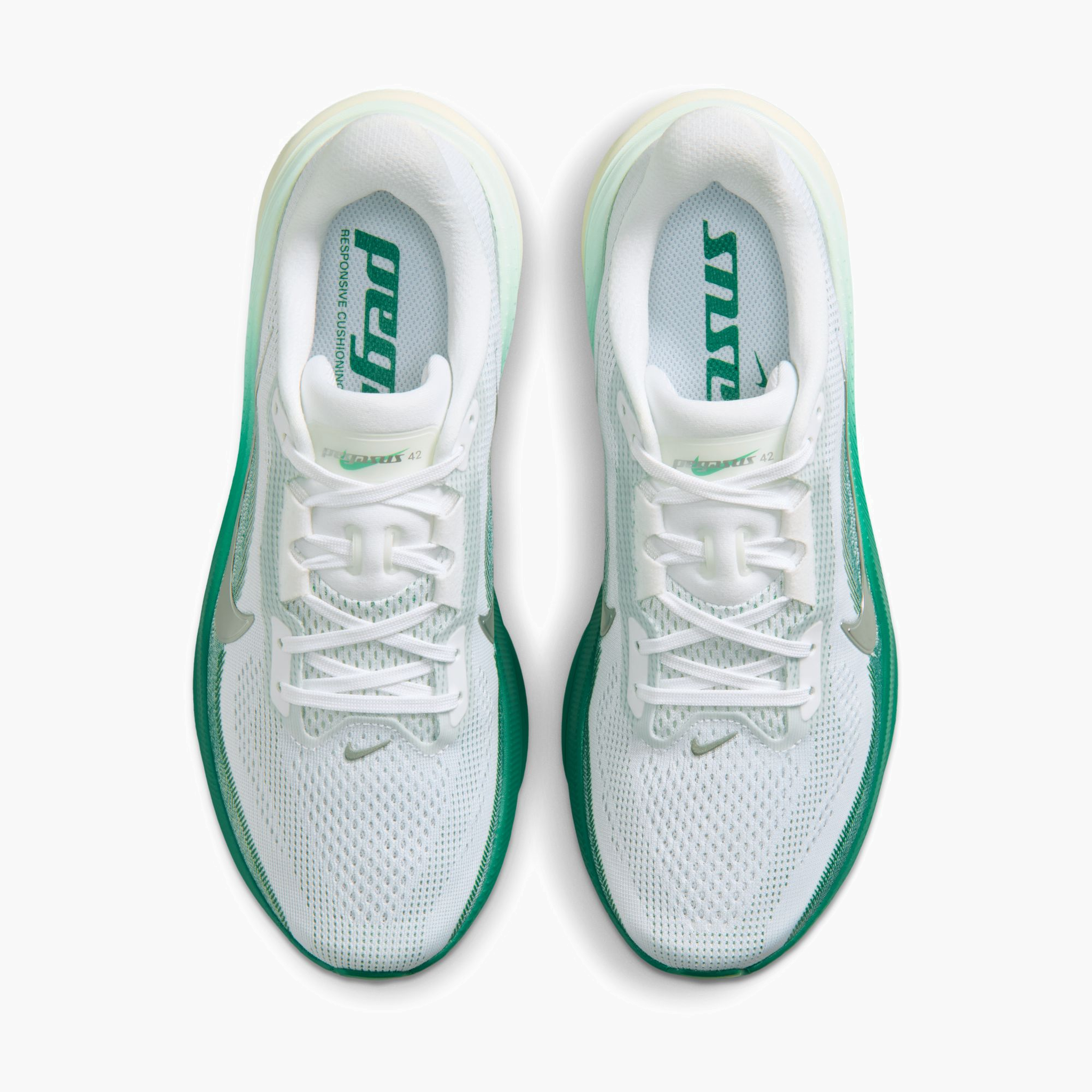 Overhead angle shot of Women's Pegasus 42 in White / Metallic Silver-Malachite
