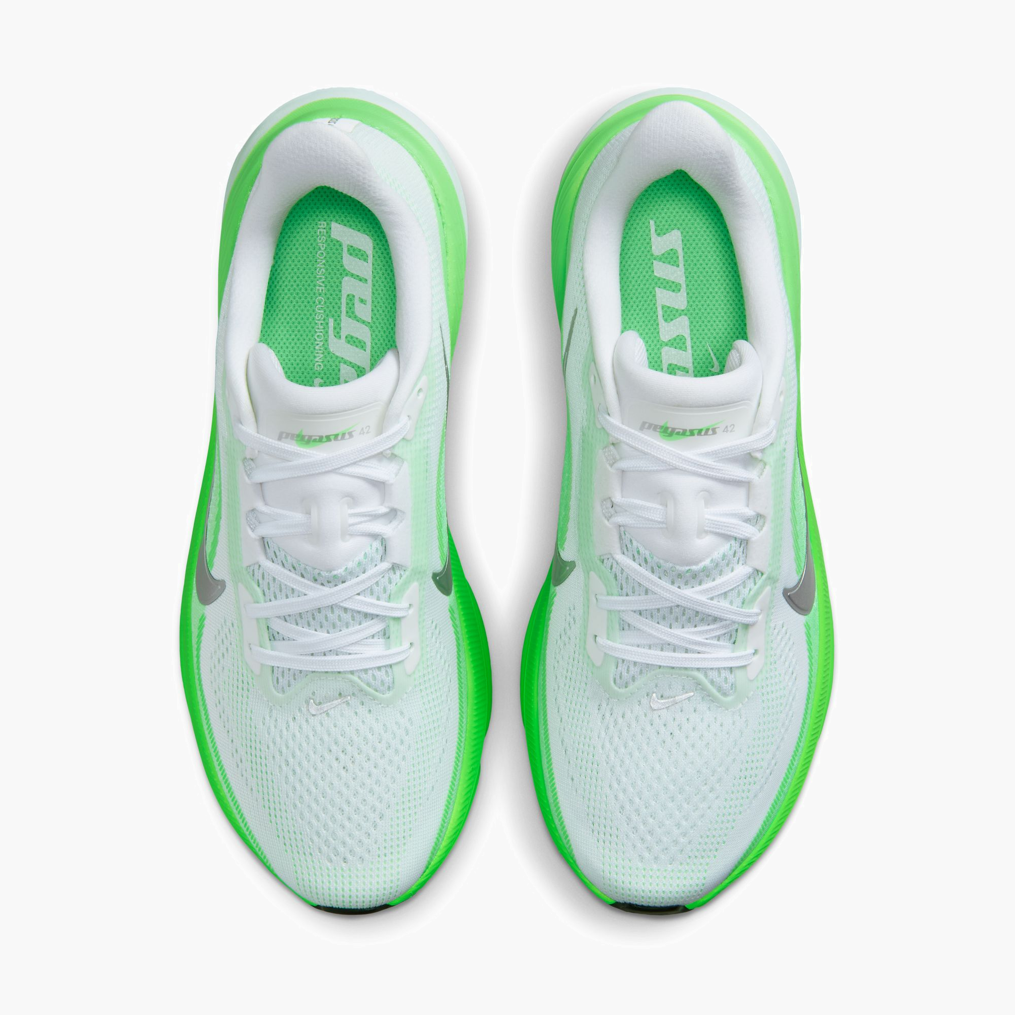 Overhead angle shot of Women's Pegasus 42 in White / Metallic Silver-Green Strike
