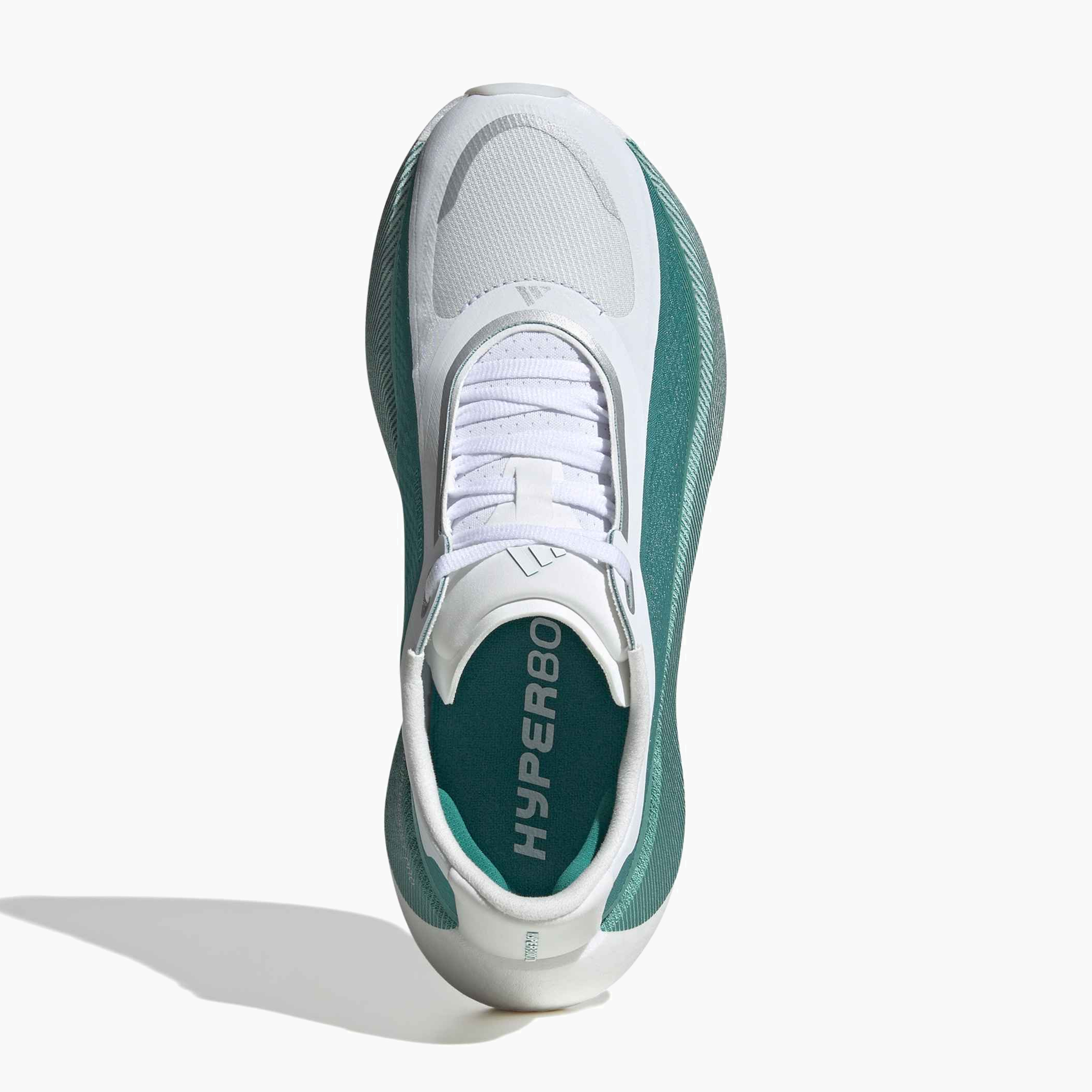 Overhead angle shot of Women's Hyperboost Edge in Ftwr White / Equipment Green / Zero Met.