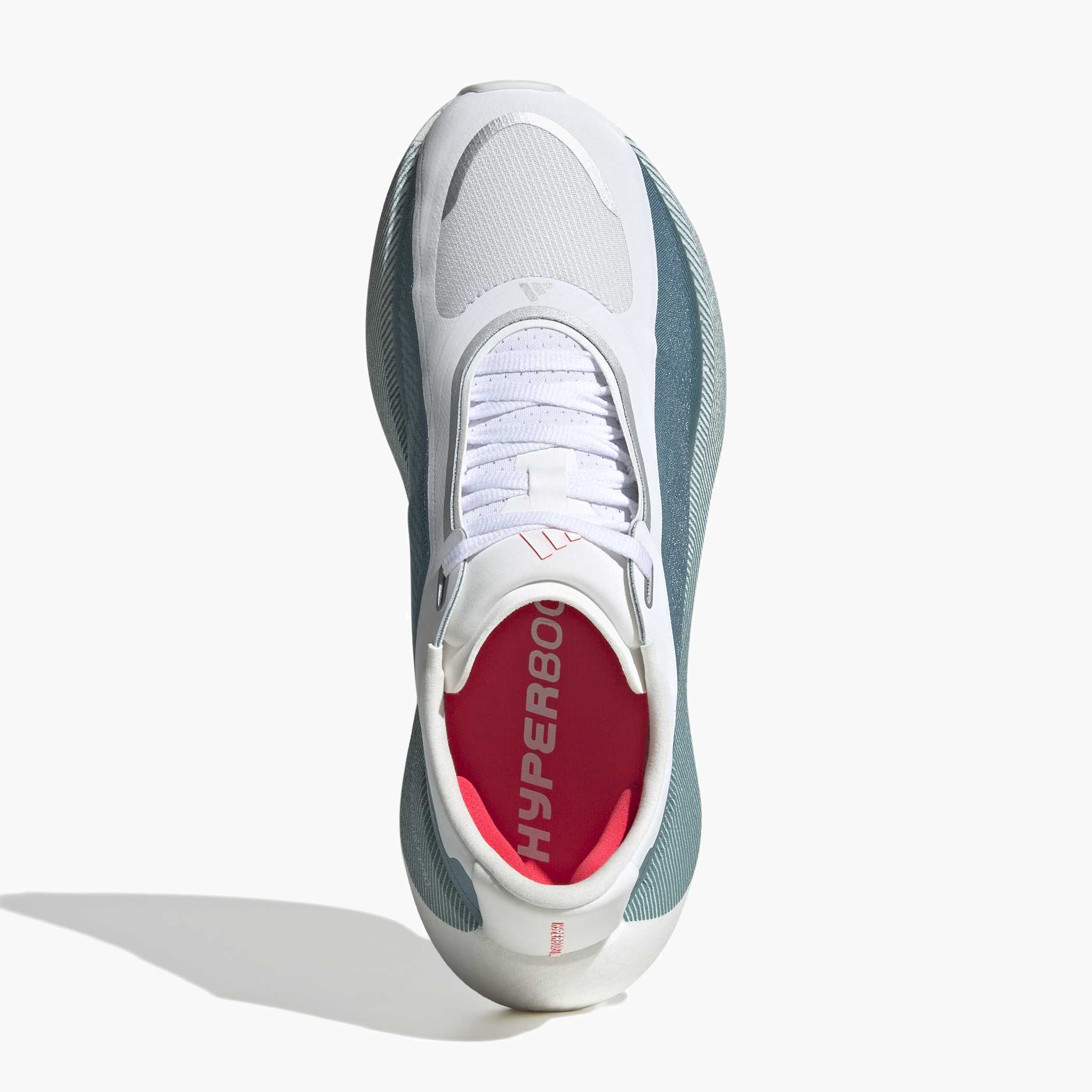 Overhead angle shot of Women's Hyperboost Edge in Ftwr White / Petrol Met. / Lucid Red