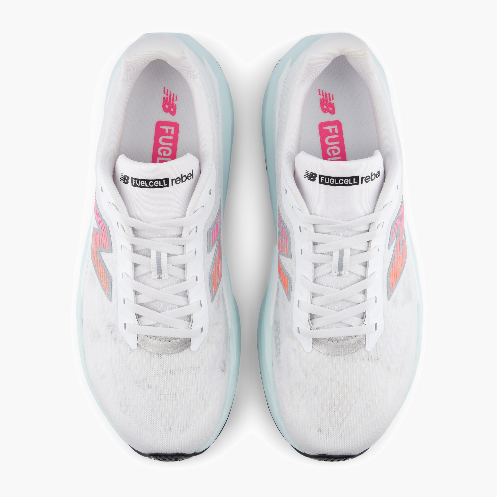 Overhead angle shot of Men's FuelCell Rebel v5 in White / Pinkheat / Glintblue