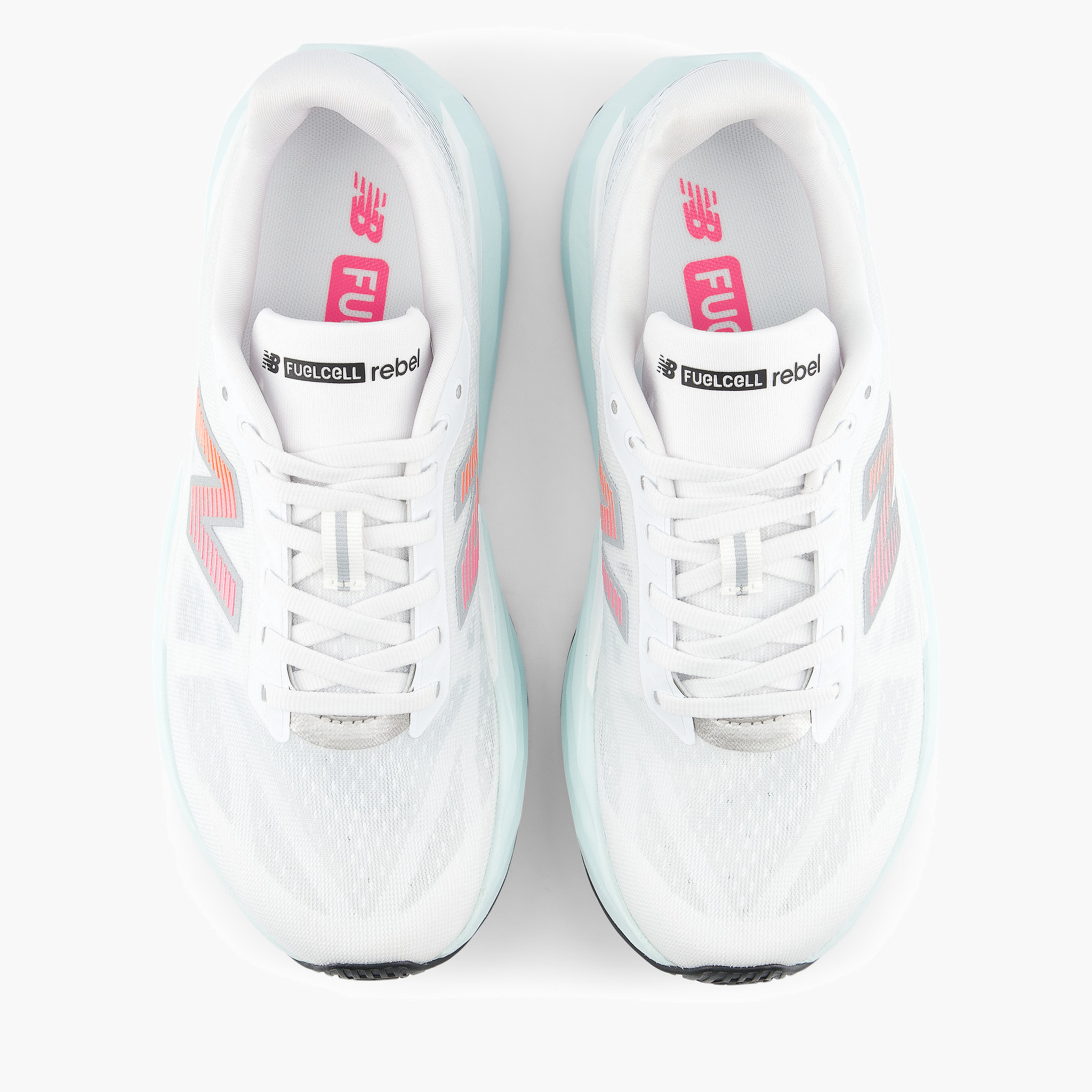 Overhead angle shot of Women's FuelCell Rebel v5 in White / Pinkheat / Glintblue