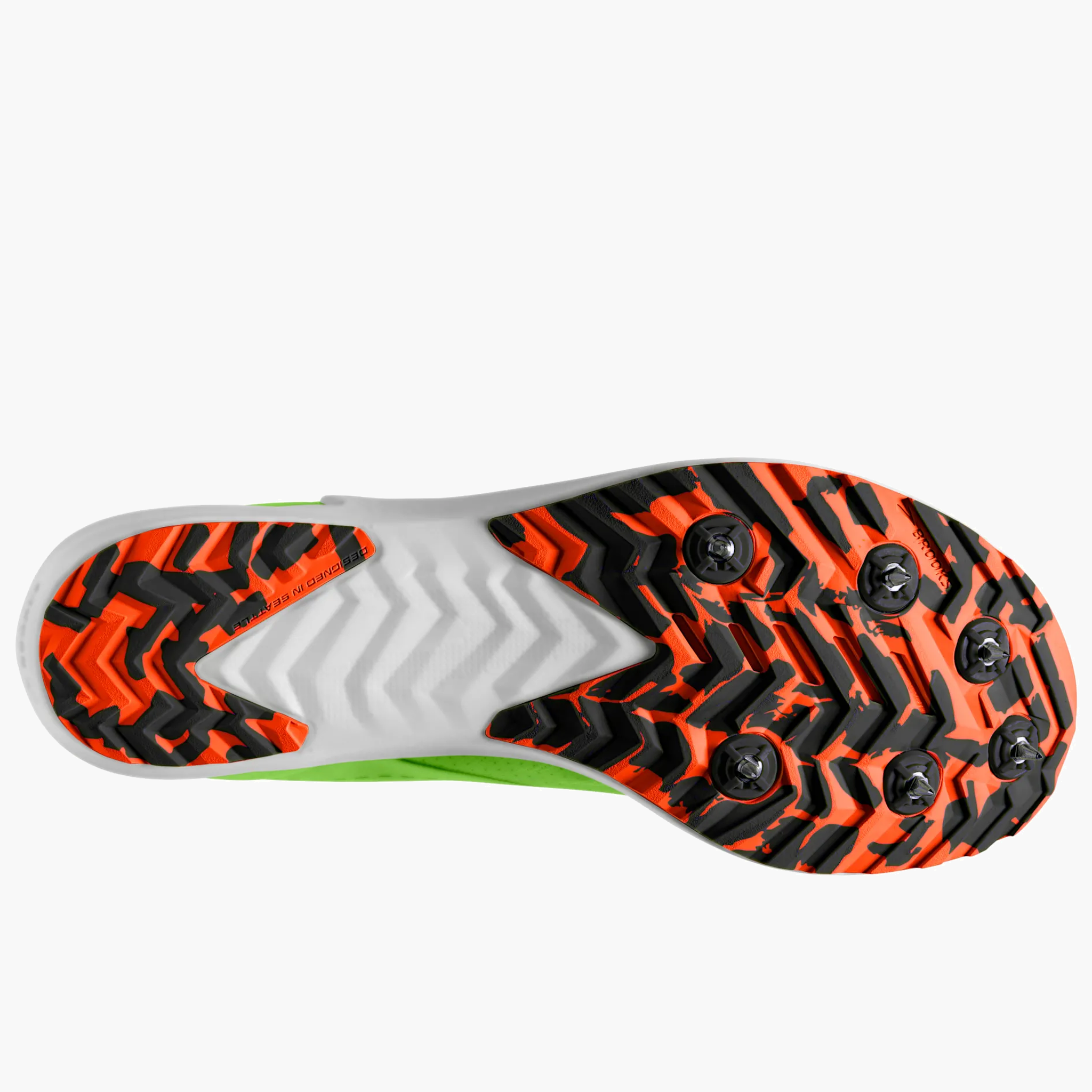 Sole angle shot of All Gender Draft XC in Green Gecko / Red Orange / White
