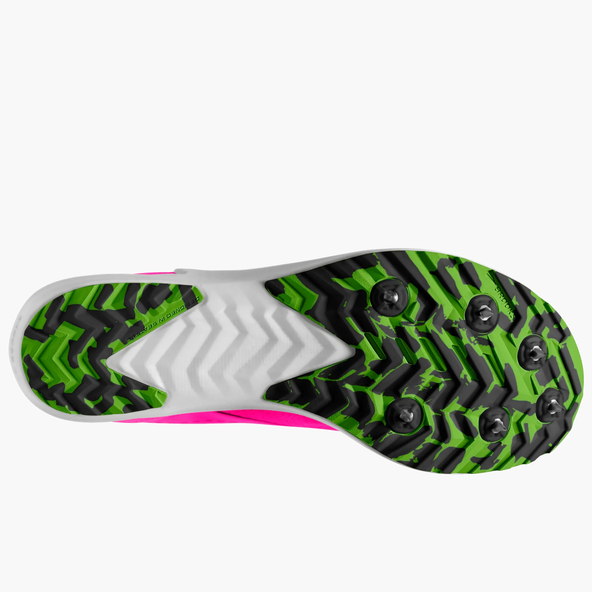 Sole angle shot of All Gender Draft XC in Pink Glo / Green / Black