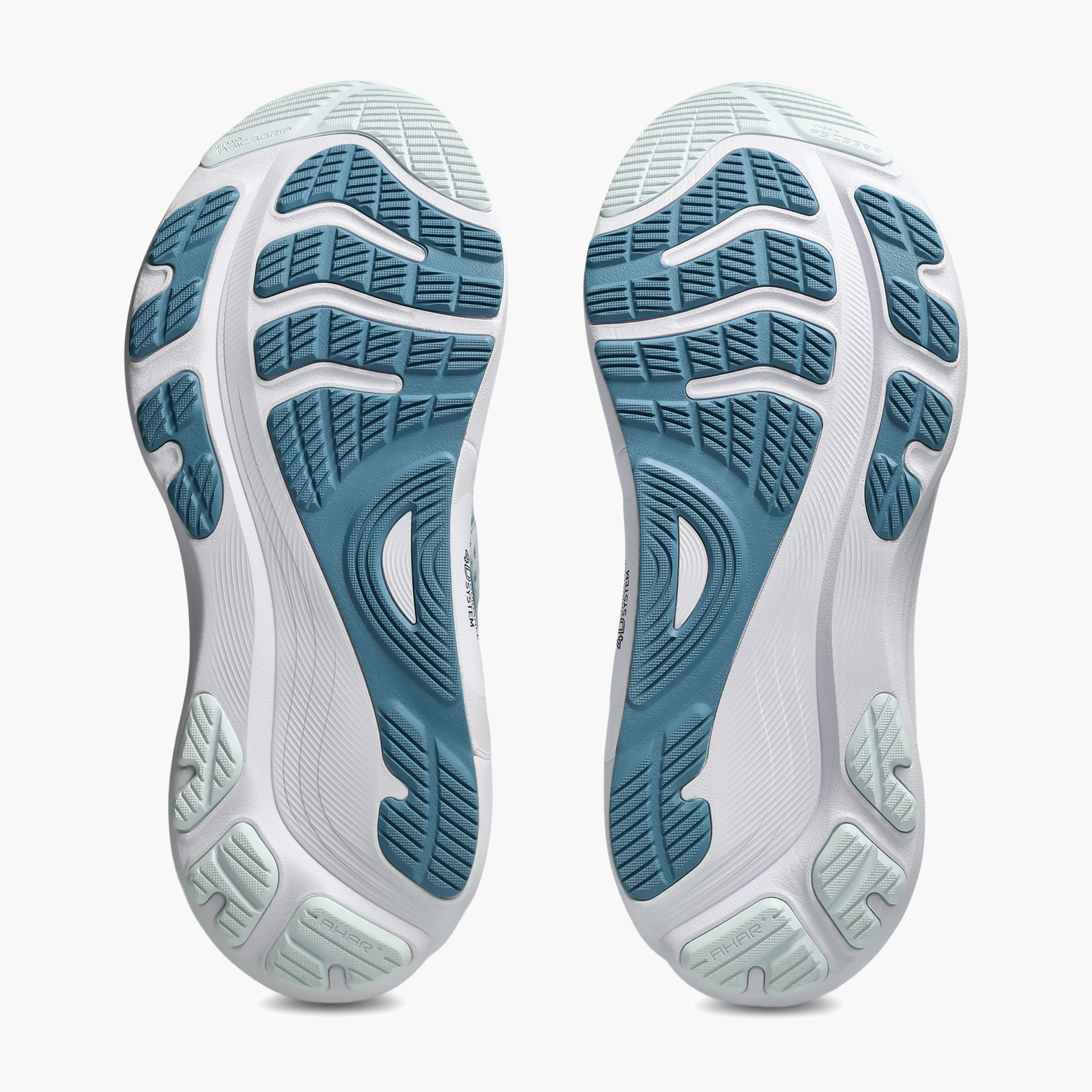 Sole angle shot of Men's Gel-Kayano 32 in Arctic Blue / Pure Silver