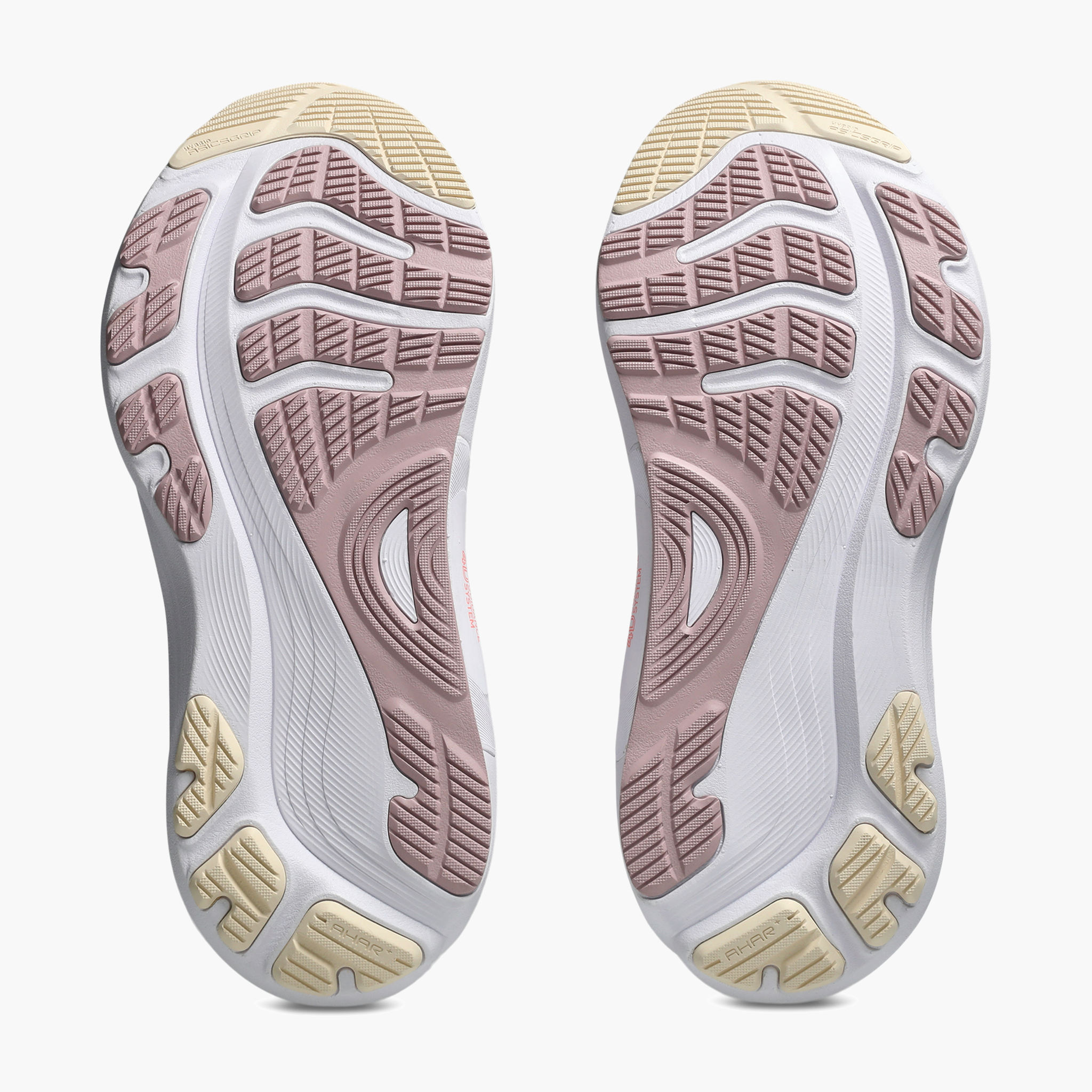 Sole angle shot of Women's Gel-Kayano 32 in Cloud Grey / Seashell