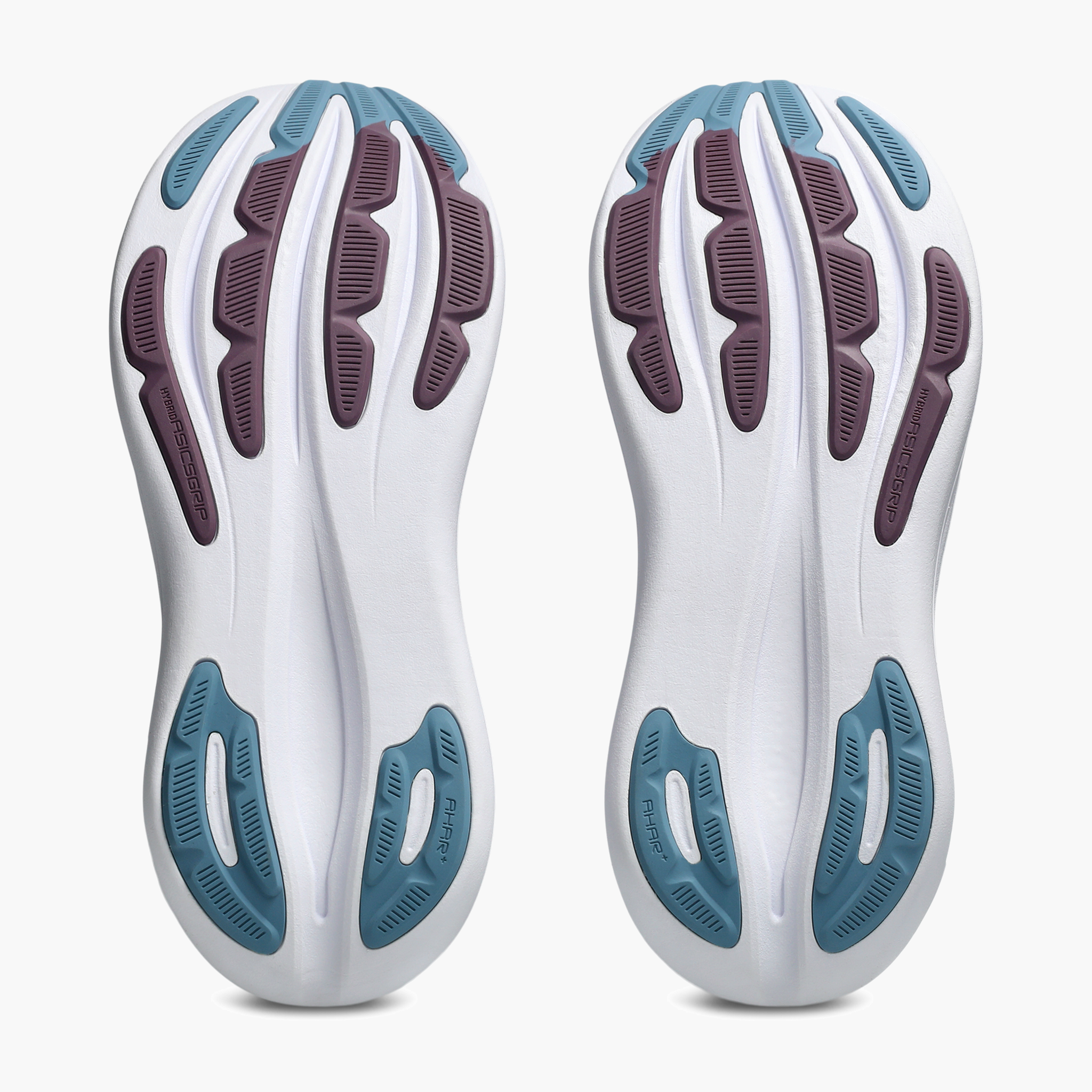 Sole angle shot of Women's Gel-Nimbus 28 in Arctic Blue / Velvet Purple