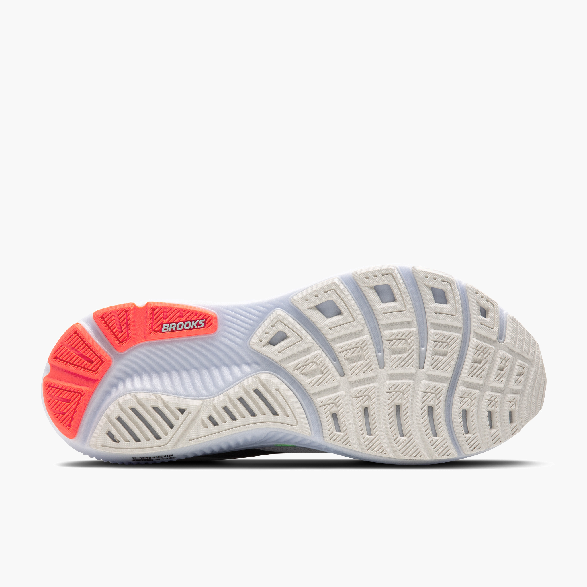 Sole angle shot of Men's Ghost 17 in White / Pink Clay / Gecko