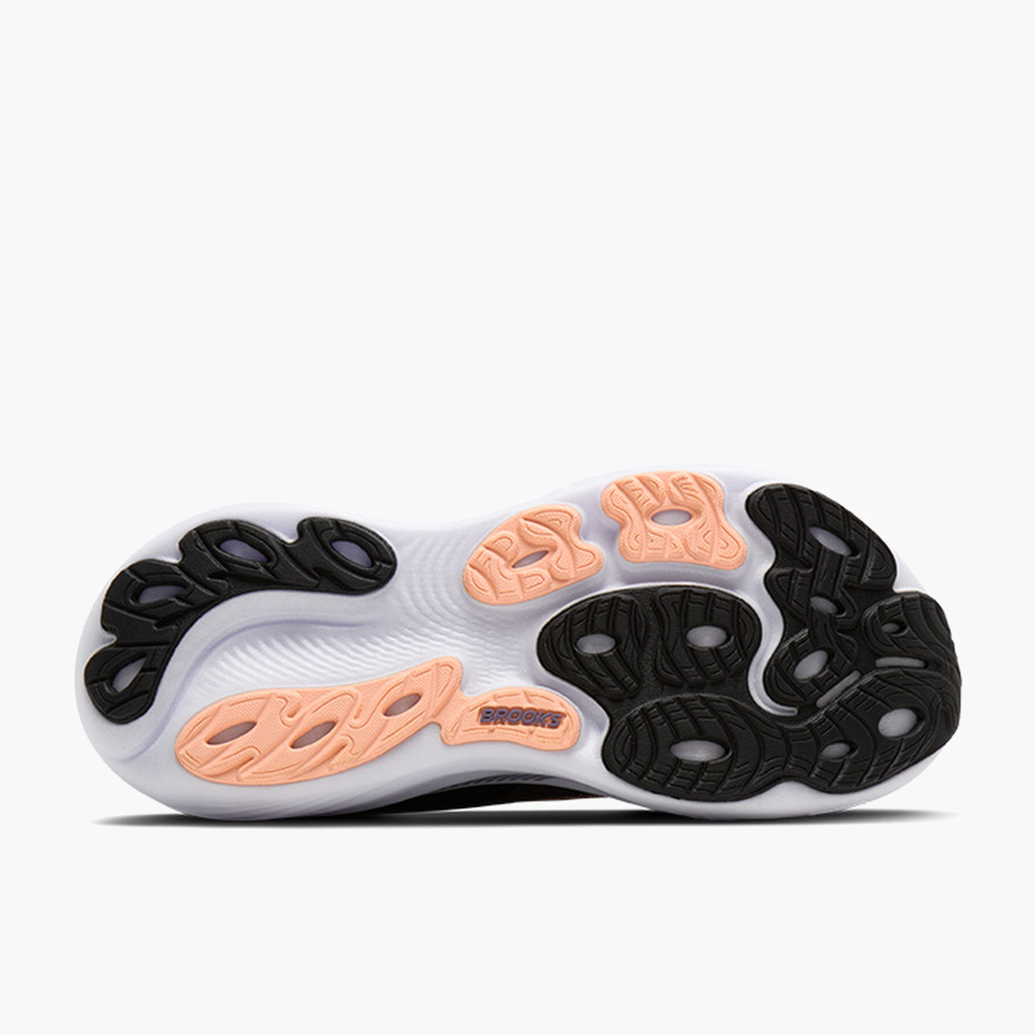 Sole angle shot of Women's Adrenaline GTS 25 in Black / Peach / Mulled Grape