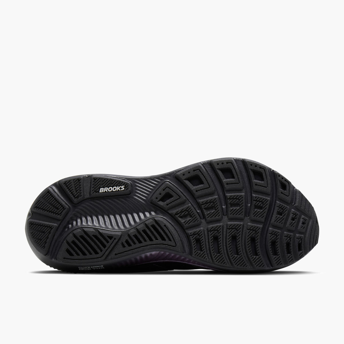 Sole angle shot of Women's Ghost 18 in Ebony / Folkstone / Metallic