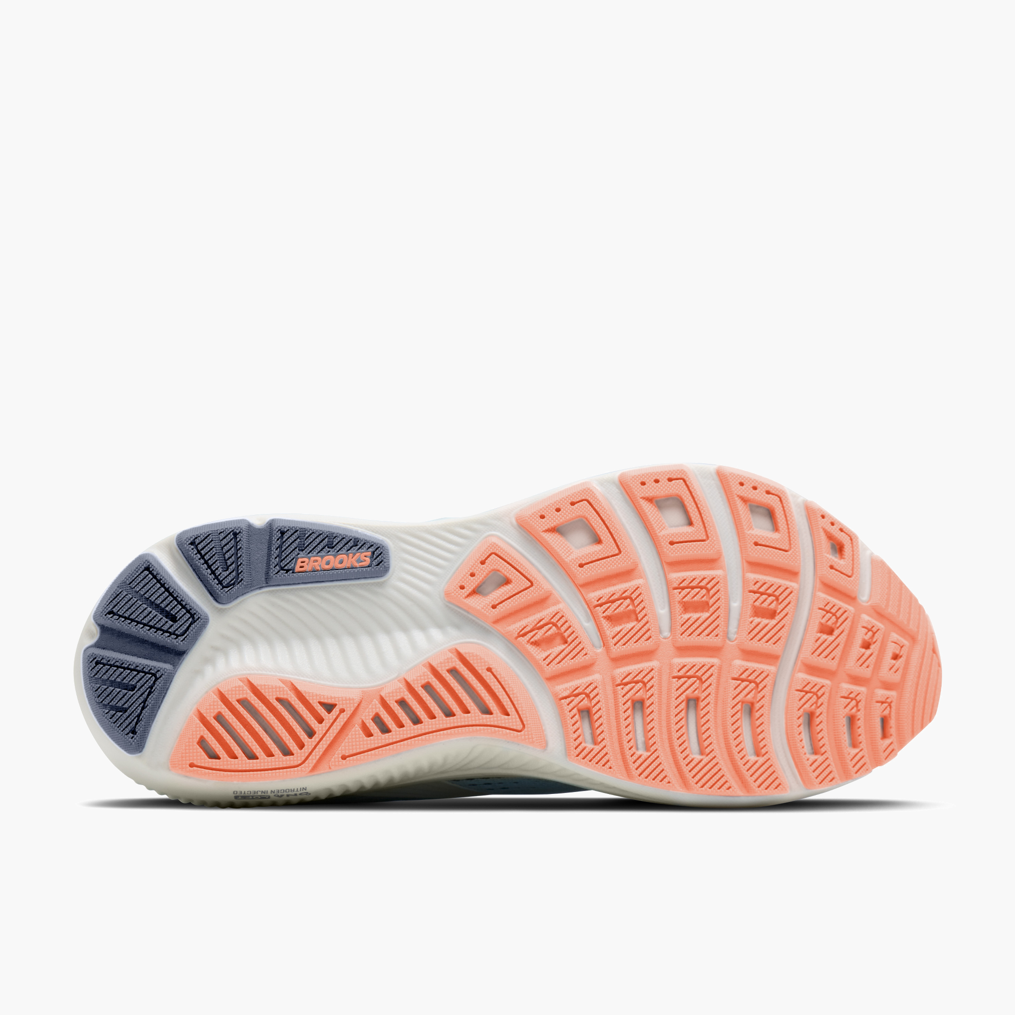 Sole angle shot of Women's Ghost 18 in Star White / Cyber Peach / Grey