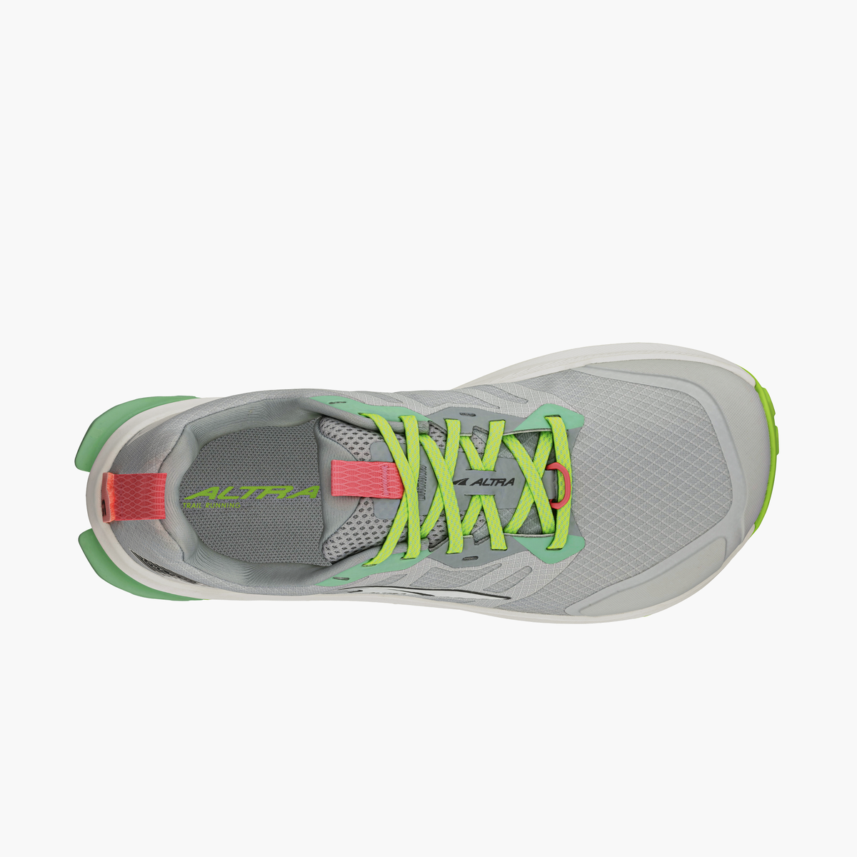 Sole angle shot of Women's Lone Peak 9 in Gray / Lime