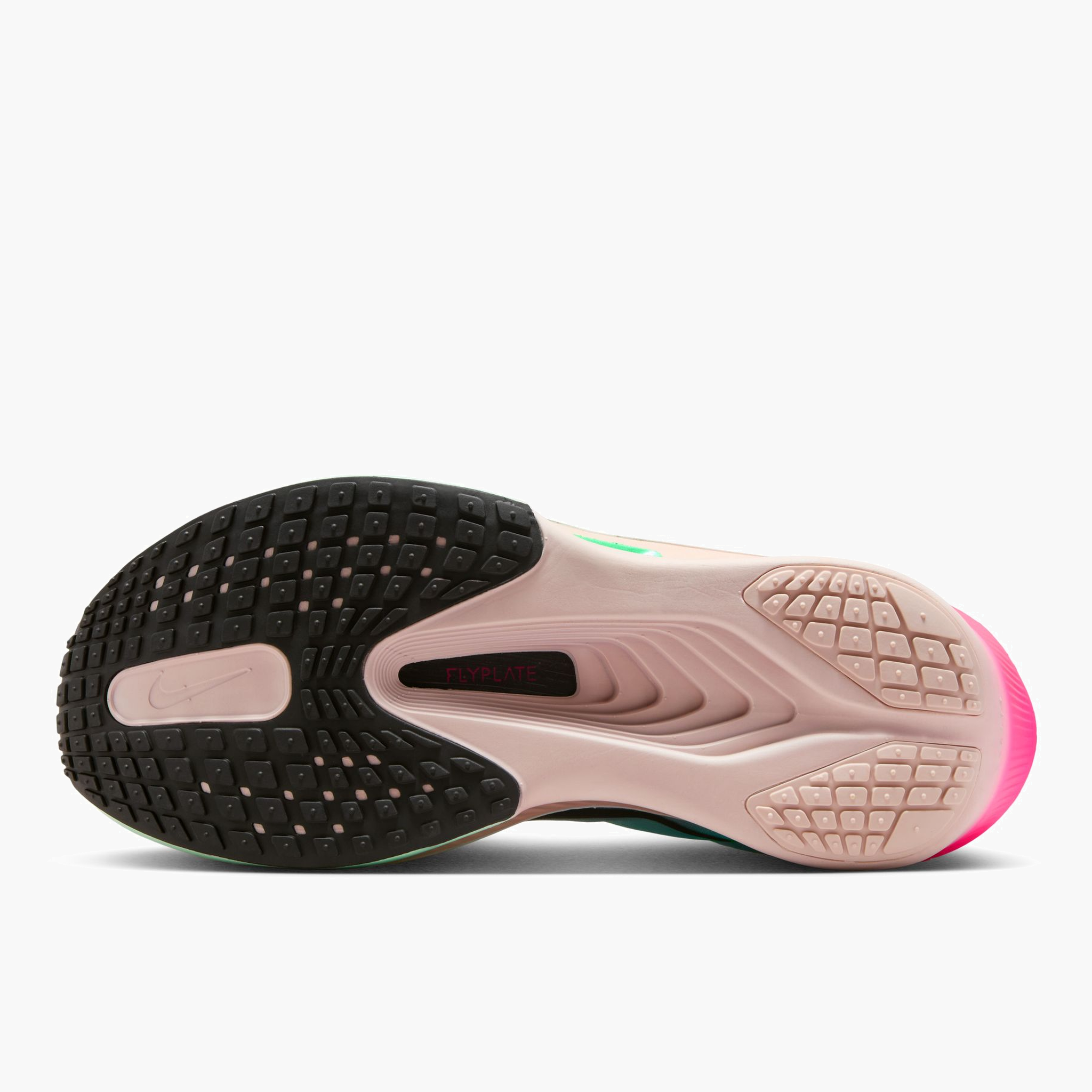 Sole angle shot of Women's Zoom Fly 6 in Glacier Ice / Black-Hyper Pink-Green Shock