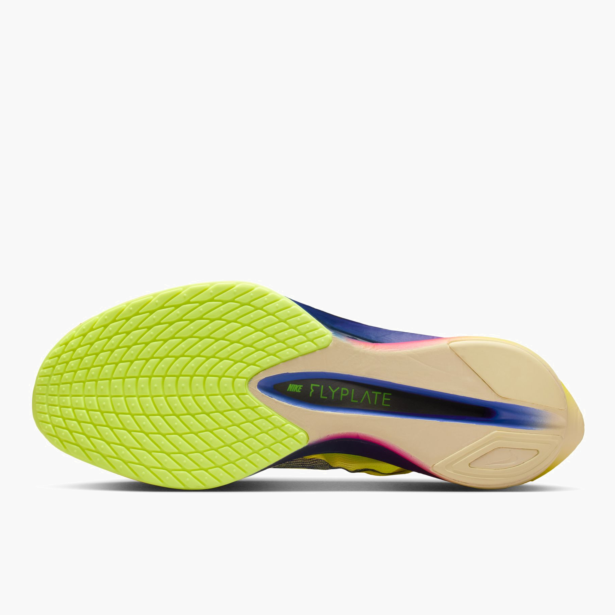 Sole angle shot of Men's Vaporfly 4 in Citron Pulse / Indigo Burst-Laser Orange
