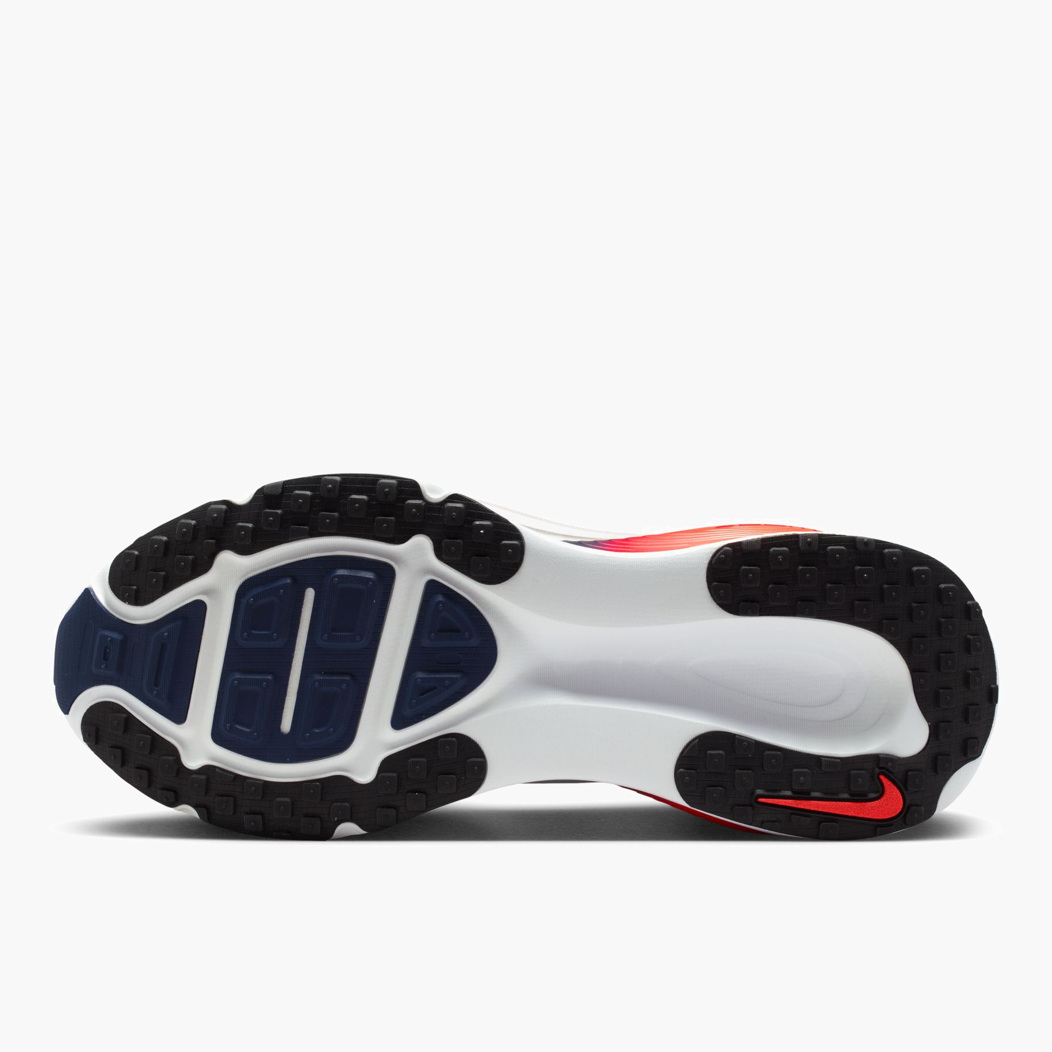 Sole angle shot of Men's Vomero 18 in White / Midnight Navy-Bright Crimson-Black