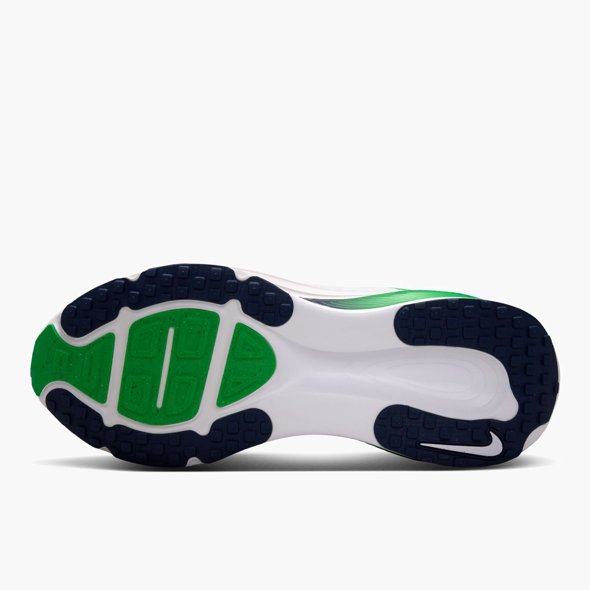 Sole angle shot of Men's Vomero 18 in White / Midnight Navy-Green Spark