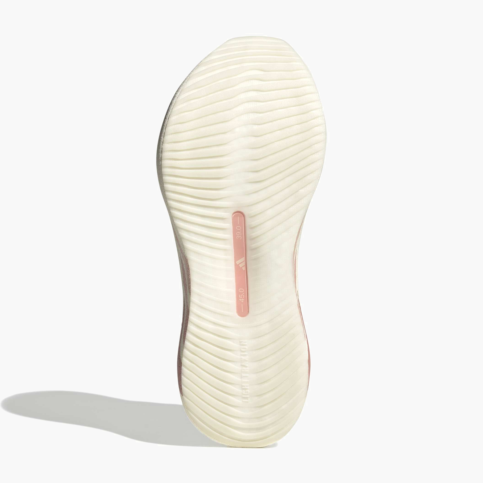 Sole angle shot of Women's Hyperboost Edge in Off White / Vapour Pink / Matte Silver