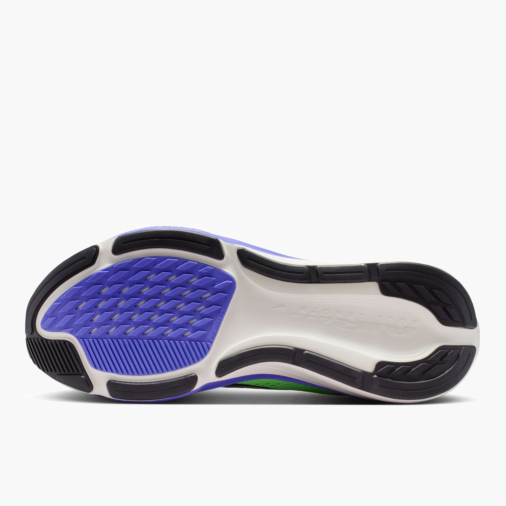 Sole angle shot of Men's Pegasus 42 in Volt Tint / Black Spruce-Sapphire