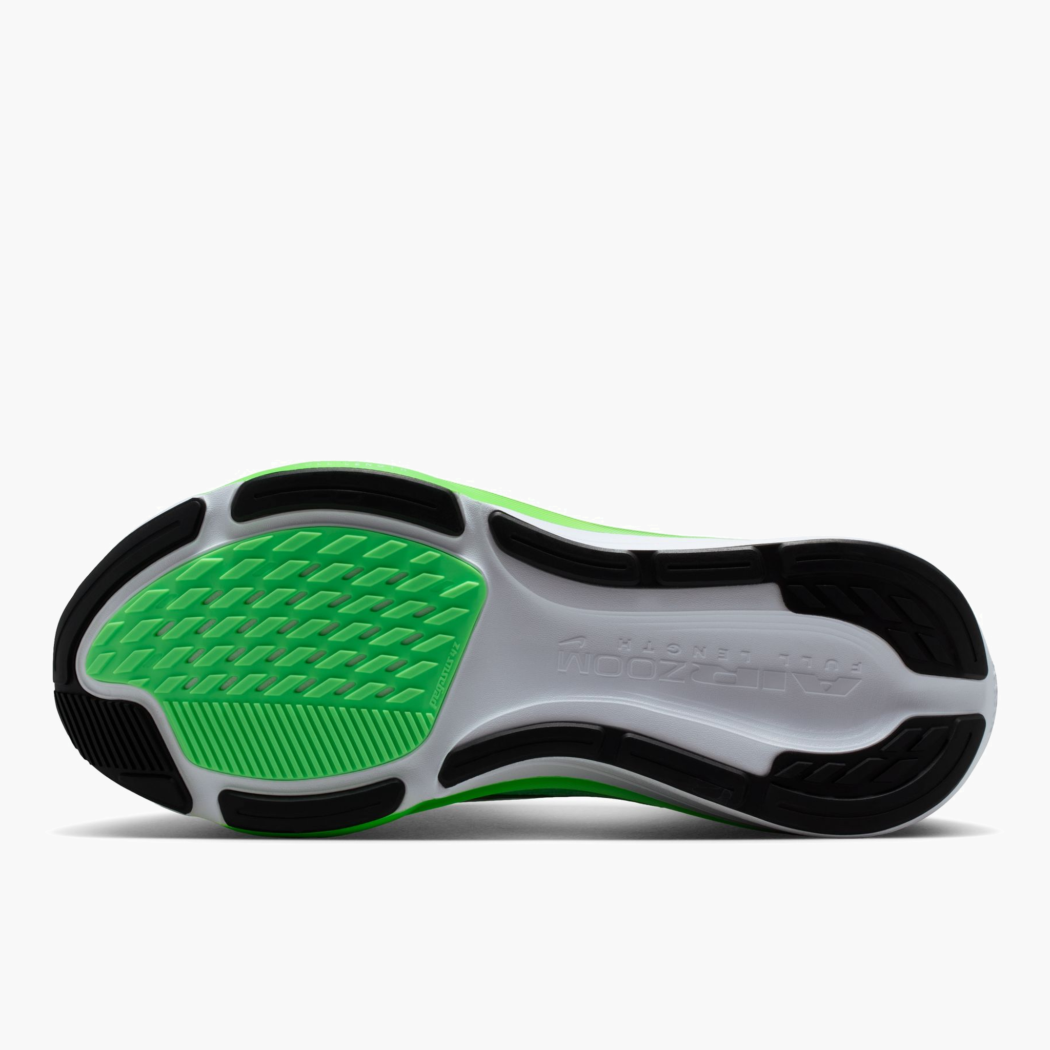 Sole angle shot of Women's Pegasus 42 in White / Metallic Silver-Green Strike