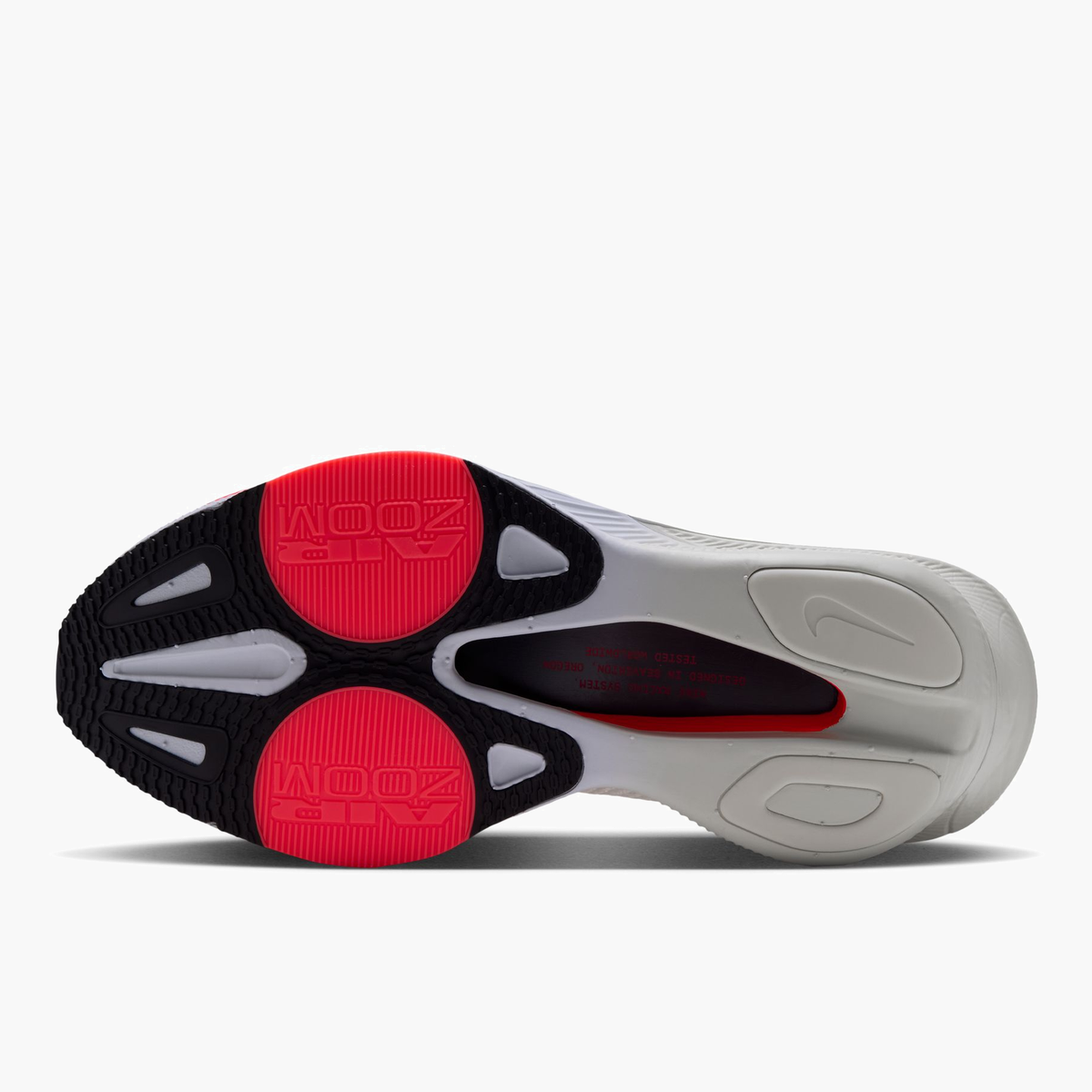 Sole angle shot of Women's Alphafly 4 in Sea Glass / Burgundy Ash-Laser Crimson