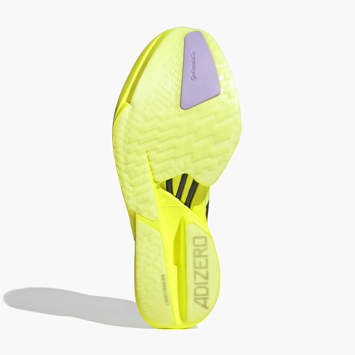 Sole angle shot of Men's Adios Pro 4 in Syello / Aurplu / Powplu