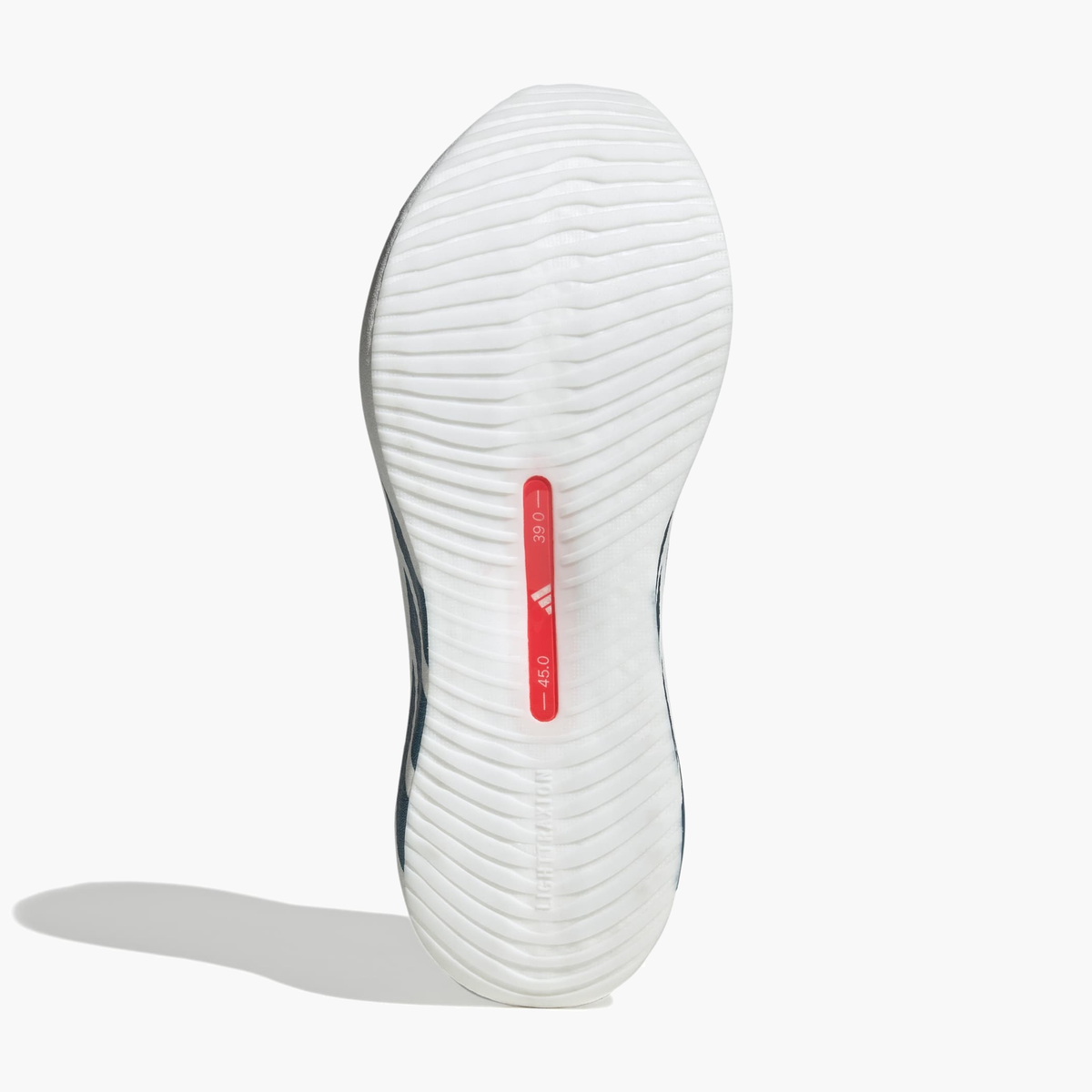 Sole angle shot of Men's Hyperboost Edge in Ftwr White / Petrol Met. / Lucid Red